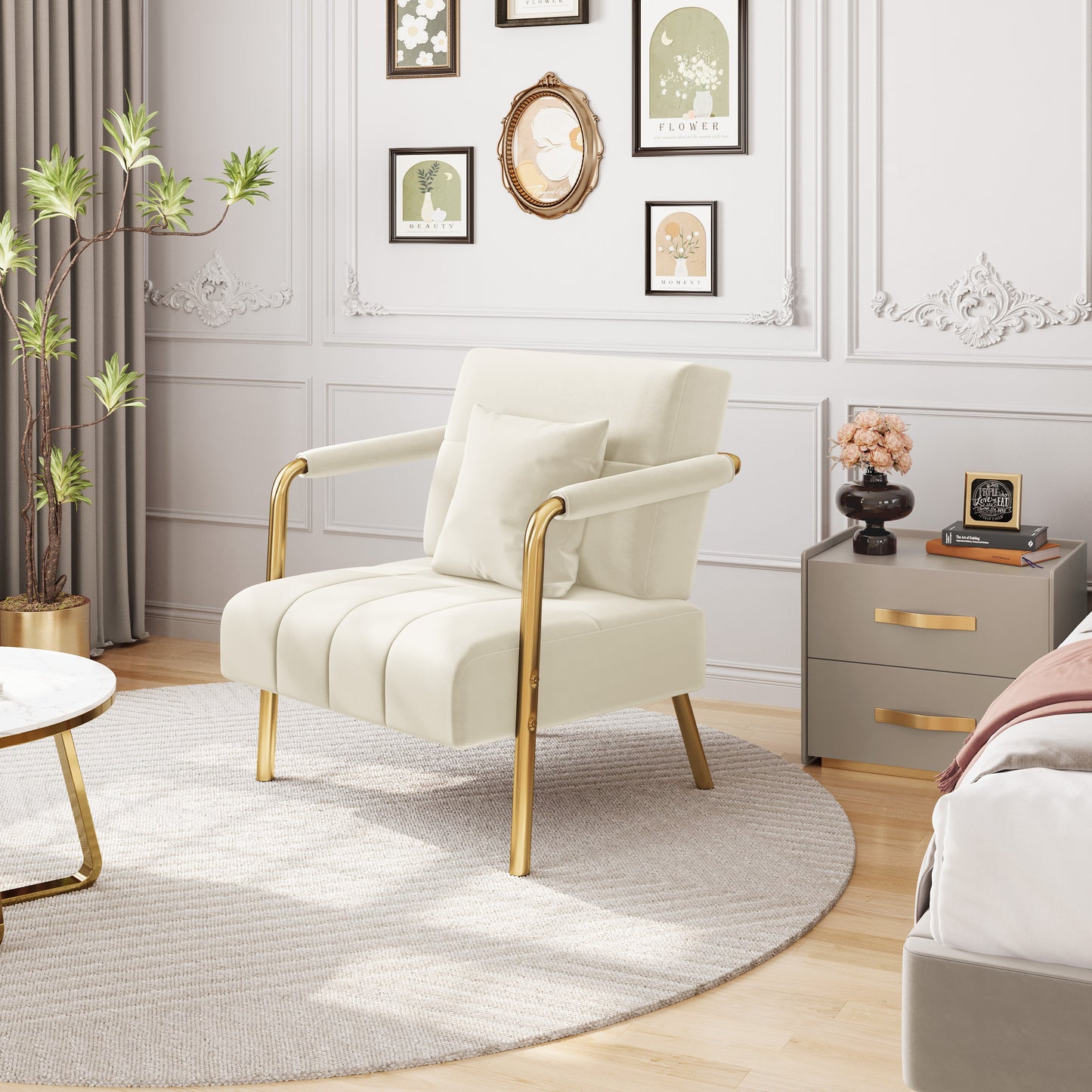 Accent Chair, 75.5 cm Wide Velvet Upholstered Accent Bedroom Chair with Gold Metal Frame & Cosy Pillow, Modern Design