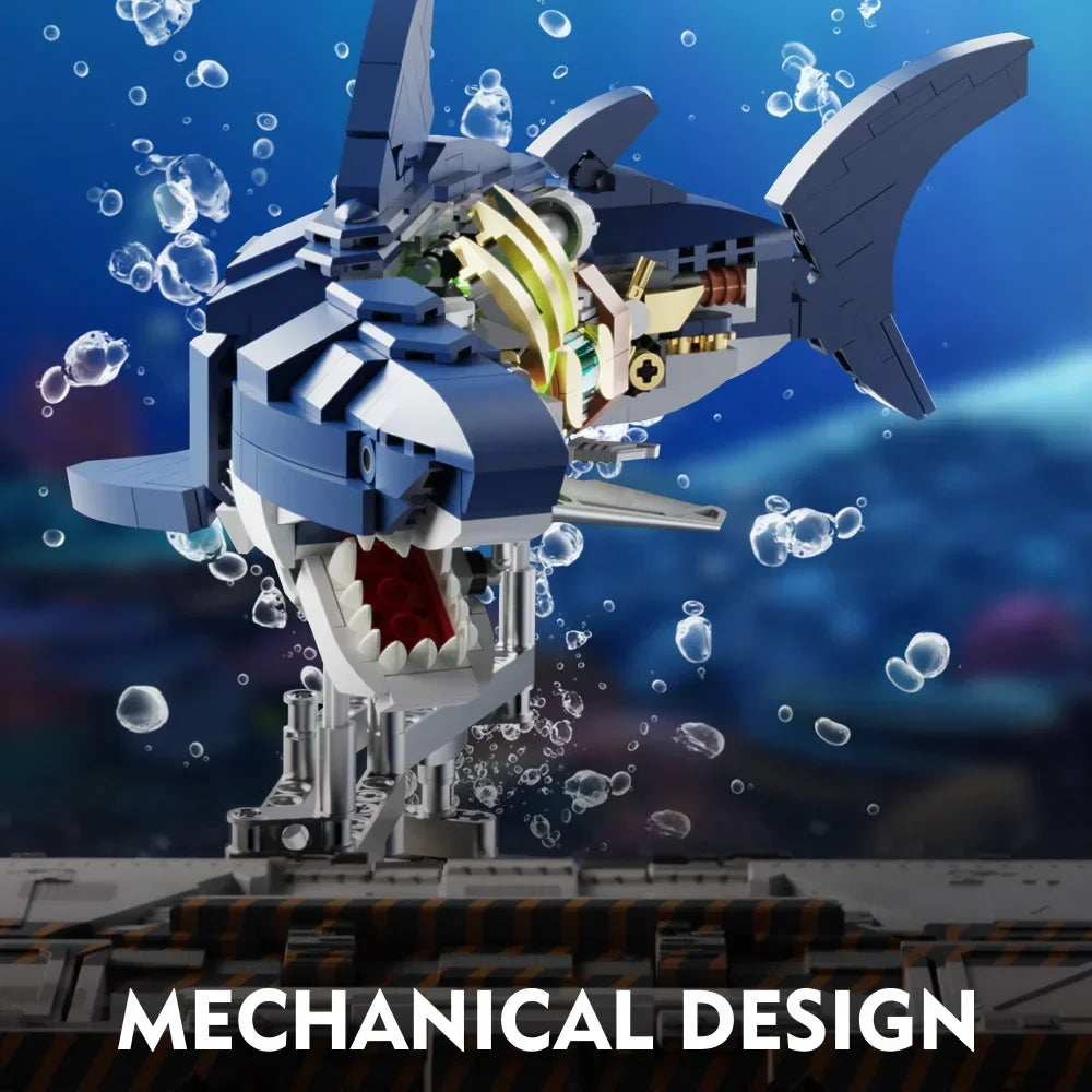 MOC Mechanical Shark Building Blocks Set - Stunning Sea Life Model with Display Stand and Lights - Perfect Gift for Kids and Adults!
