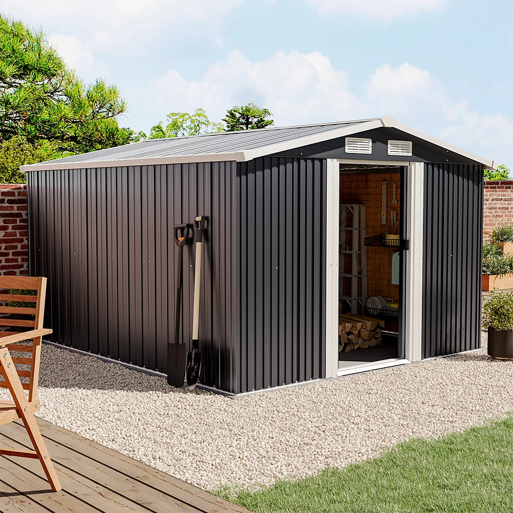 【】10 X 8 FT Black Outdoor Storage Shed, Metal Large Shed Garden with Air Vent, 2 Slide Door