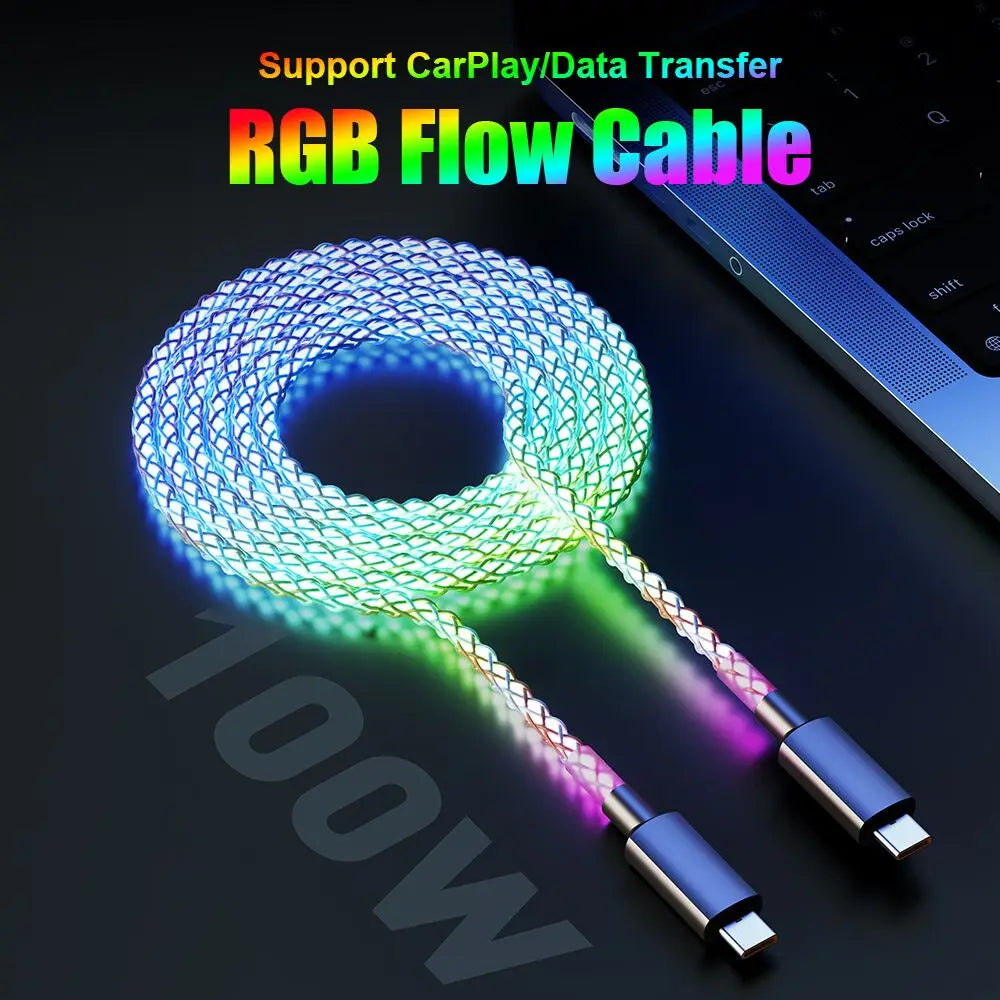 Fast Charging RGB Cable 100W Breathing Light 66W Type C USB C Data Cable f