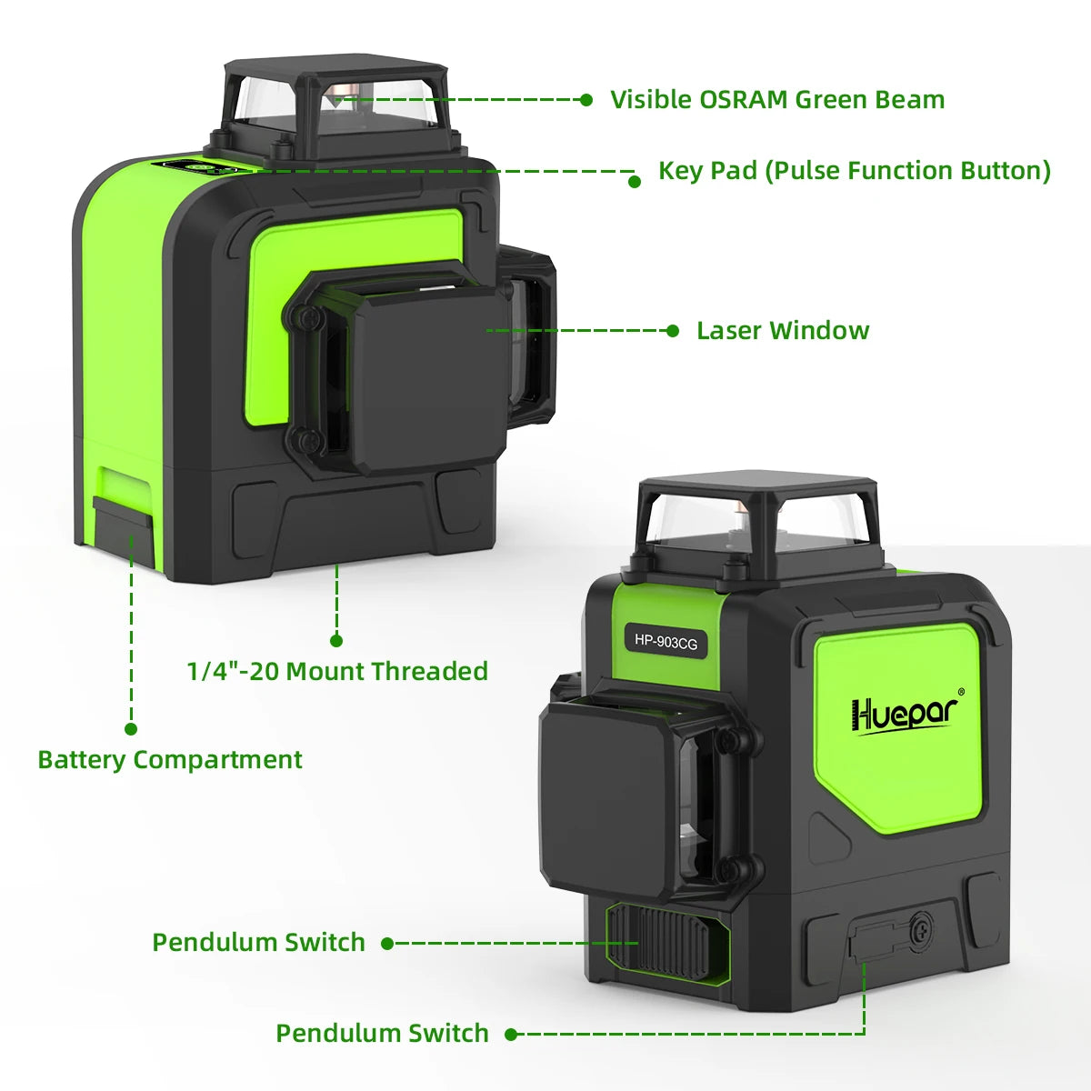 903CG 12-Line 3D Cross Laser Level - Precision Osram Green Laser Technology, Self-Leveling 360° Alignment, Complete with Receiver and Tripod