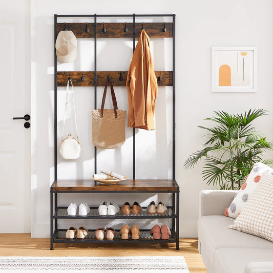Large Coat Rack, Entryway Cabinet with 12 Hooks and Shoe Bench, Cloakroom Shelf, Office Bedroom, Steel Frame