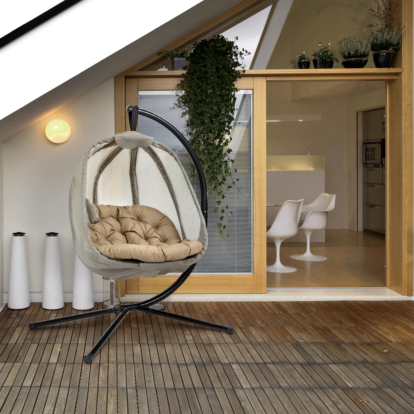 Folding Hanging Egg Chair W/ Cushion and Stand for Indoor Outdoor Khaki