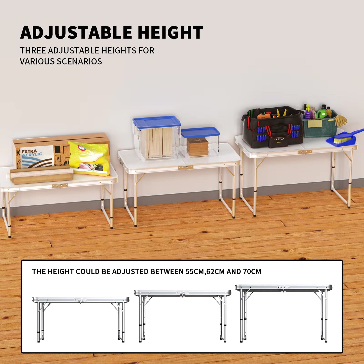 120X60X70Cm Aluminium Camping Table, Portable Folding Table Small Picnic Table Laptop Desk TV Dinner Bed Home Office, White