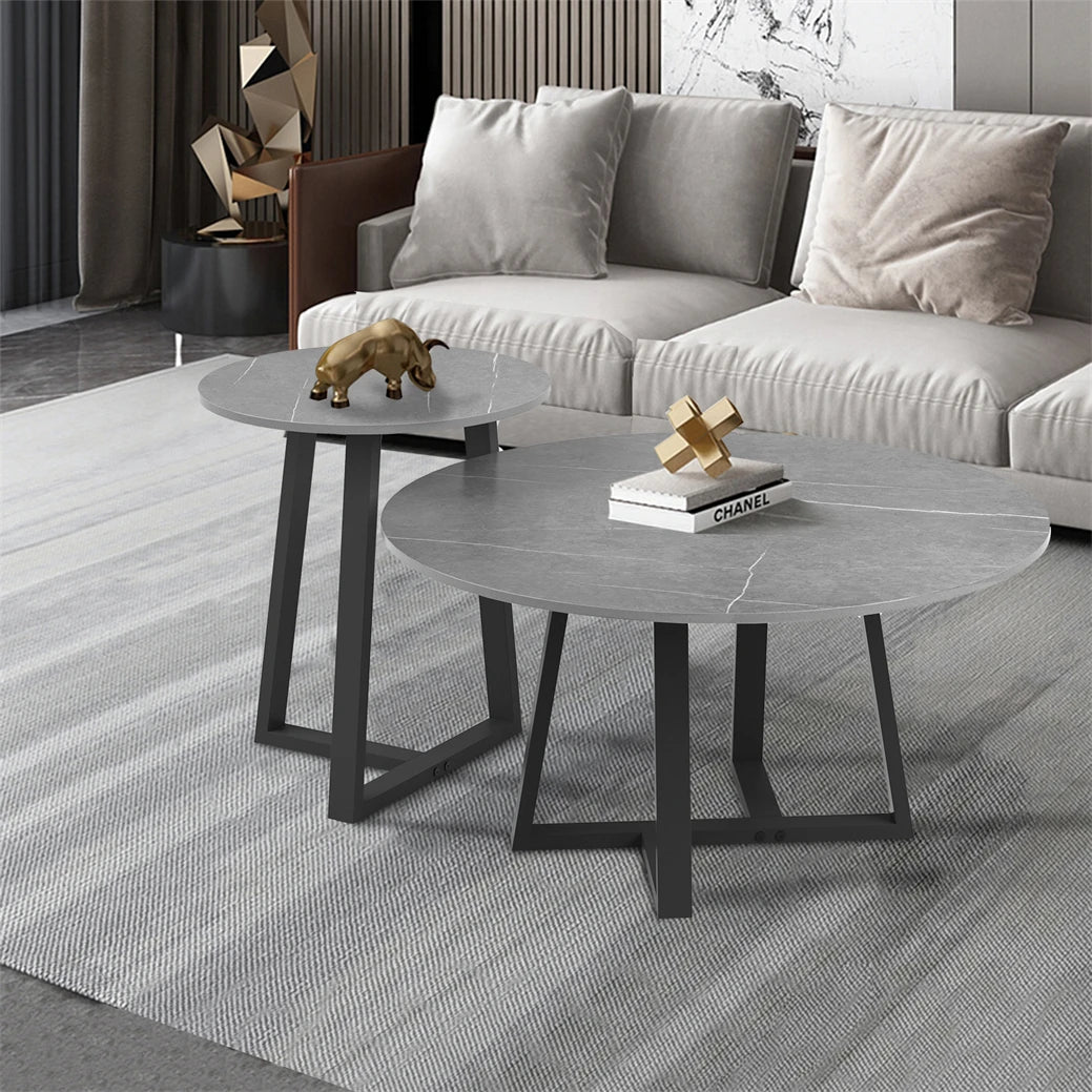 Round Modern Marble Nesting Coffee Set of 2, Stacking Living Room Accent Tables Furniture Sintered Stone Tabletop End Table