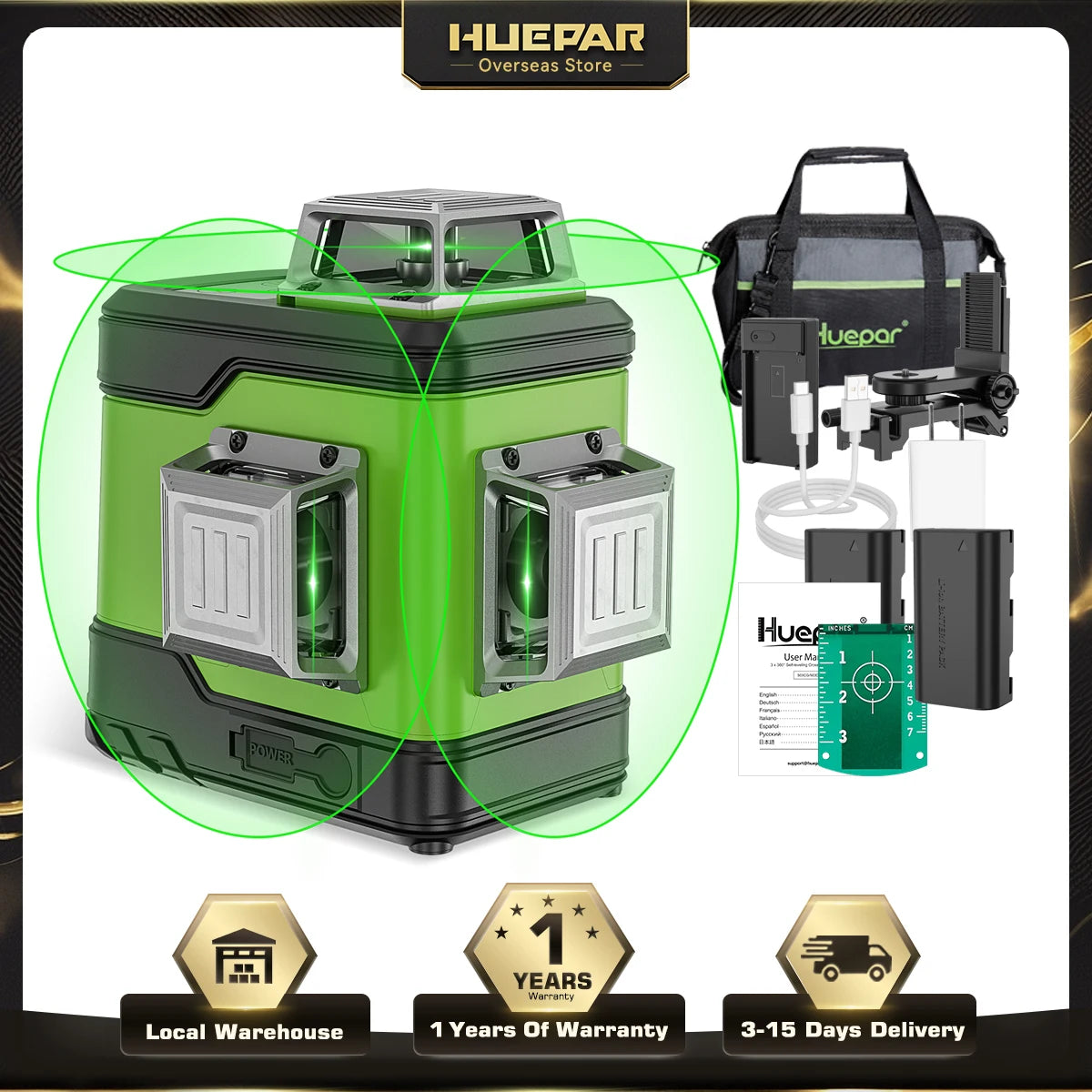 503CG 12 Lines 3D Cross Line Self-Leveling Laser Level 3 X 360 Green Beam Tool with 2Pcs Li-Ion Battery & Portable Bag