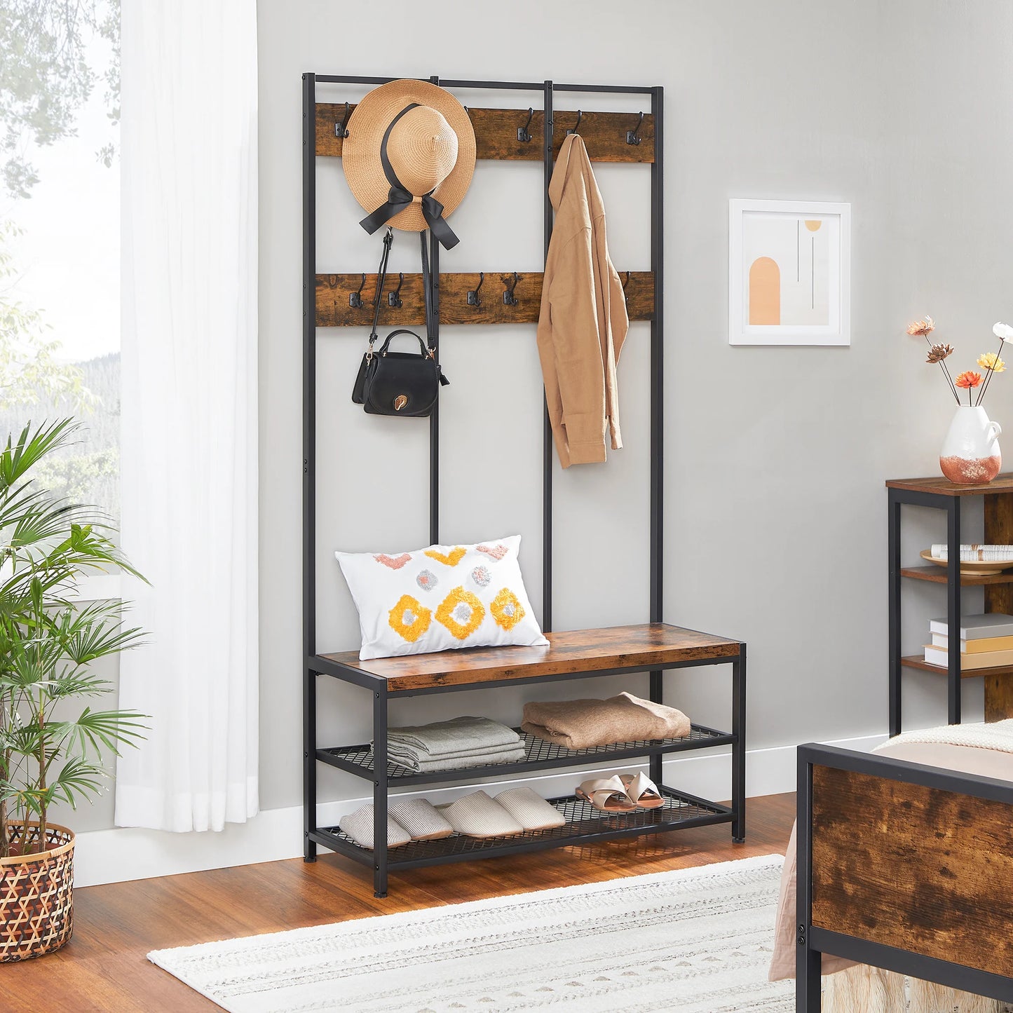 Large Coat Rack, Entryway Cabinet with 12 Hooks and Shoe Bench, Cloakroom Shelf, Office Bedroom, Steel Frame