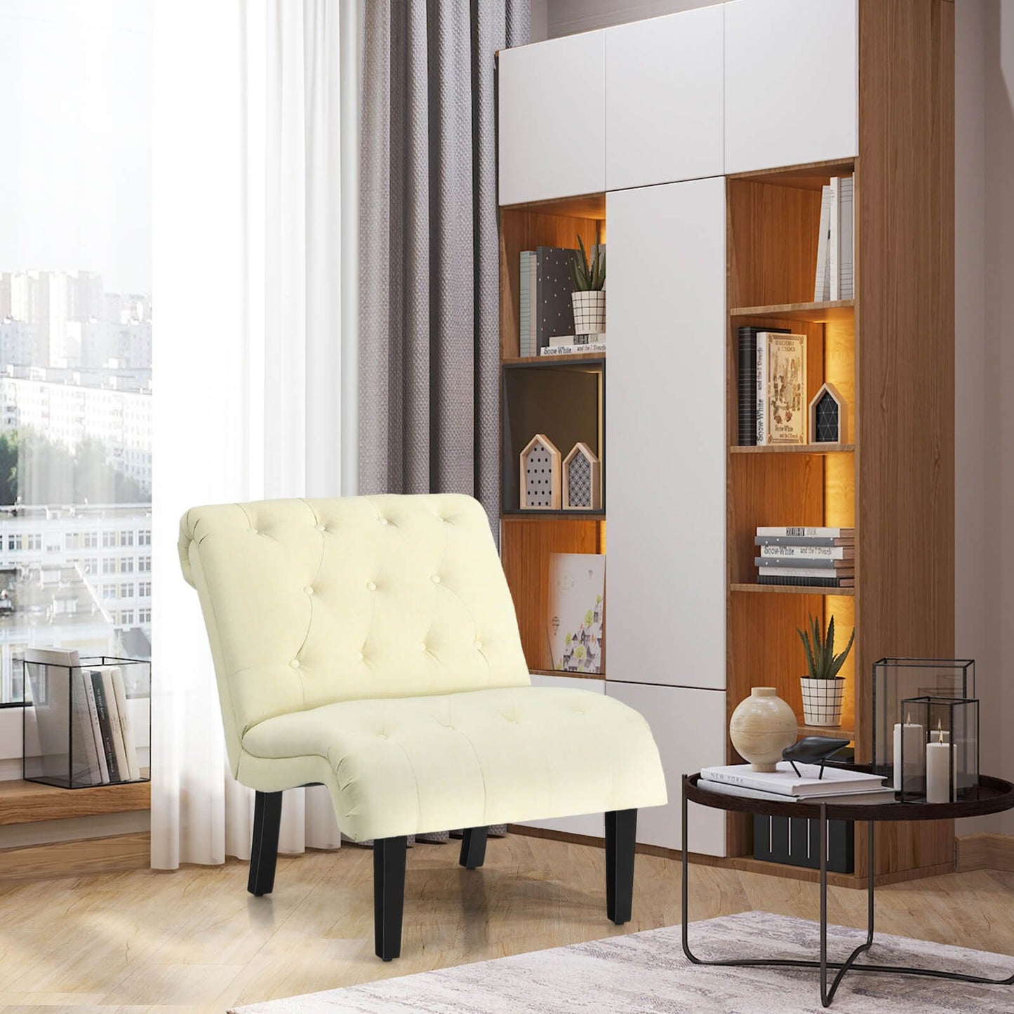 Modern Upholstered Accent Chair with Button Tufted Linen Fabric
