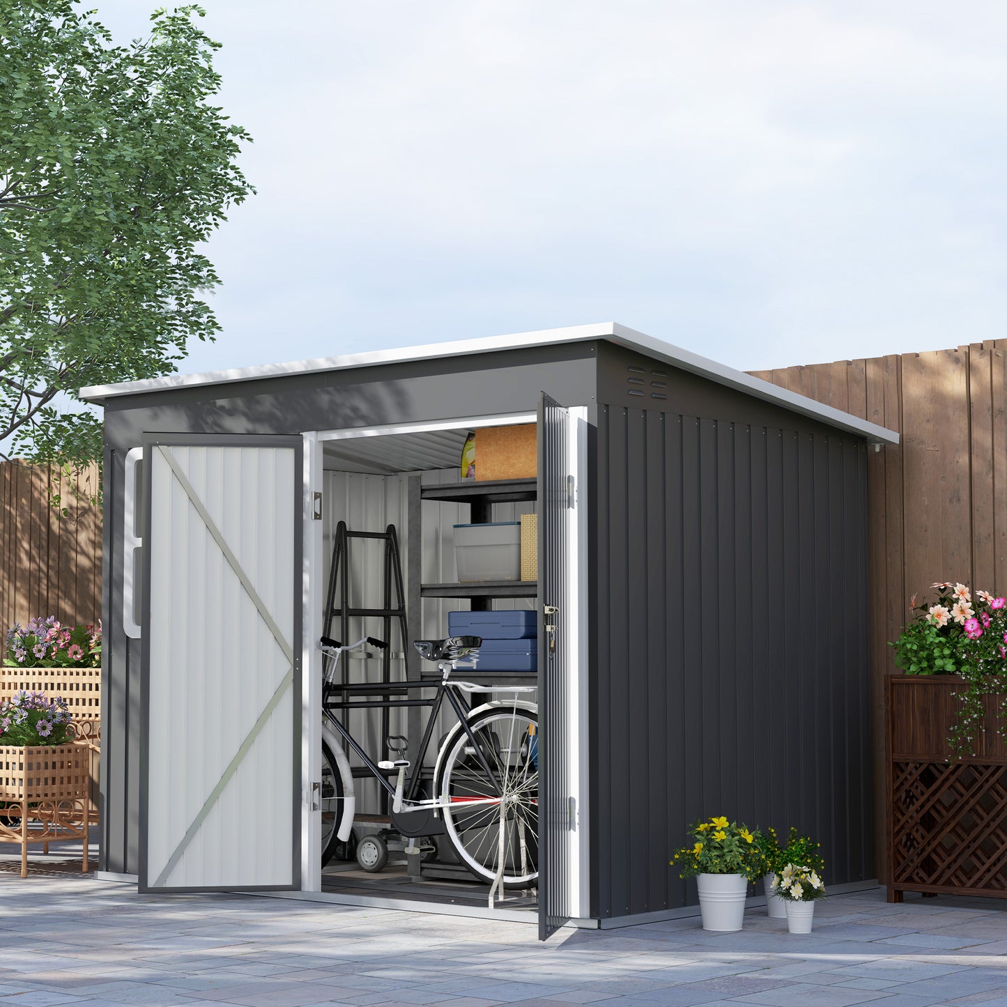 8.5x6 ft Galvanised Steel Garden Shed with Foundation Kit – Grey