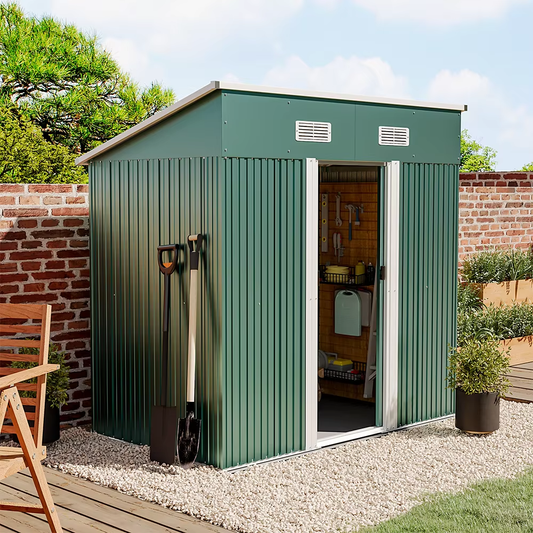 4 X 6 FT Green Outdoor Metal Storage Shed with Air Vent, 2 Slide Door