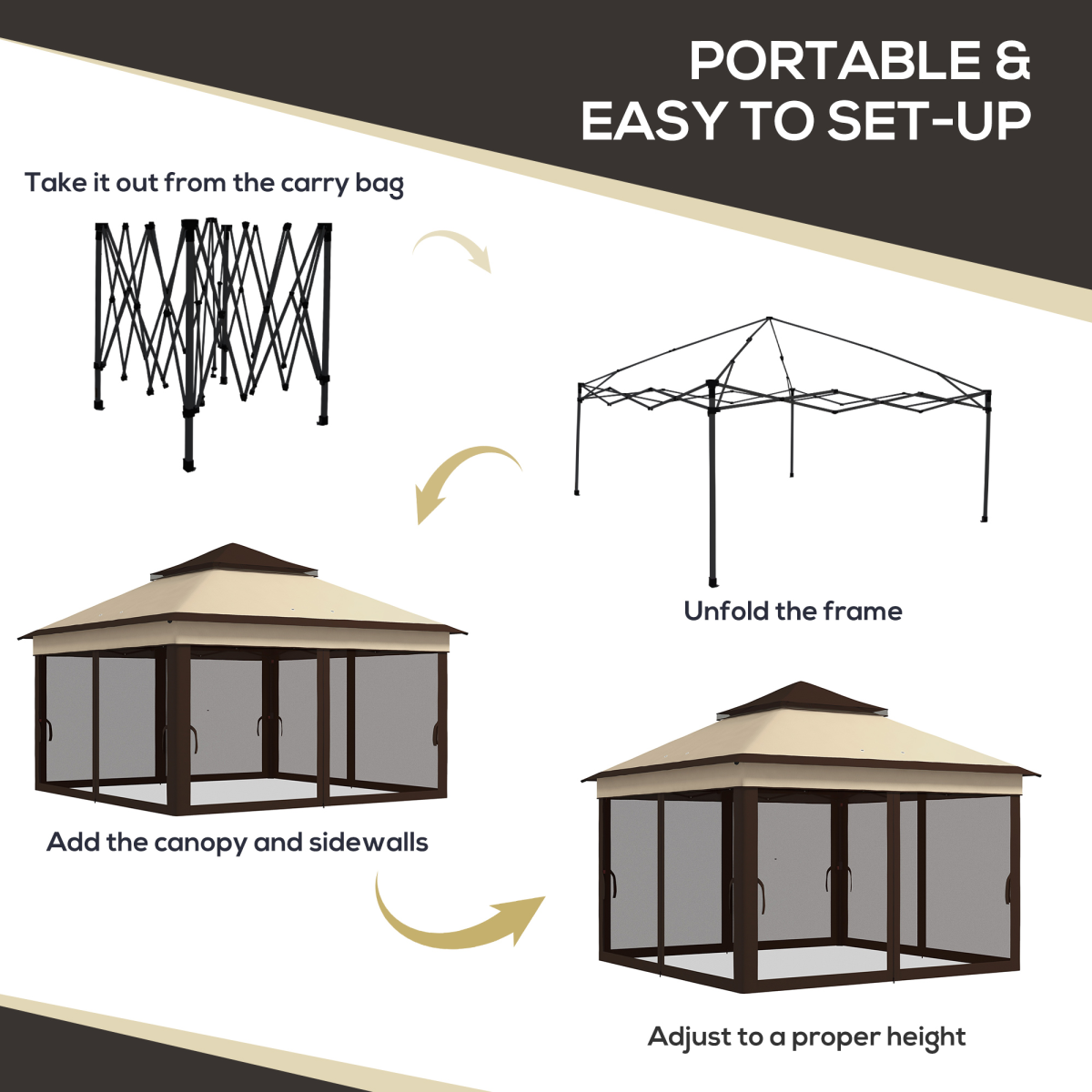 3x3m Pop Up Gazebo with Netting, Height Adjustable, Beige