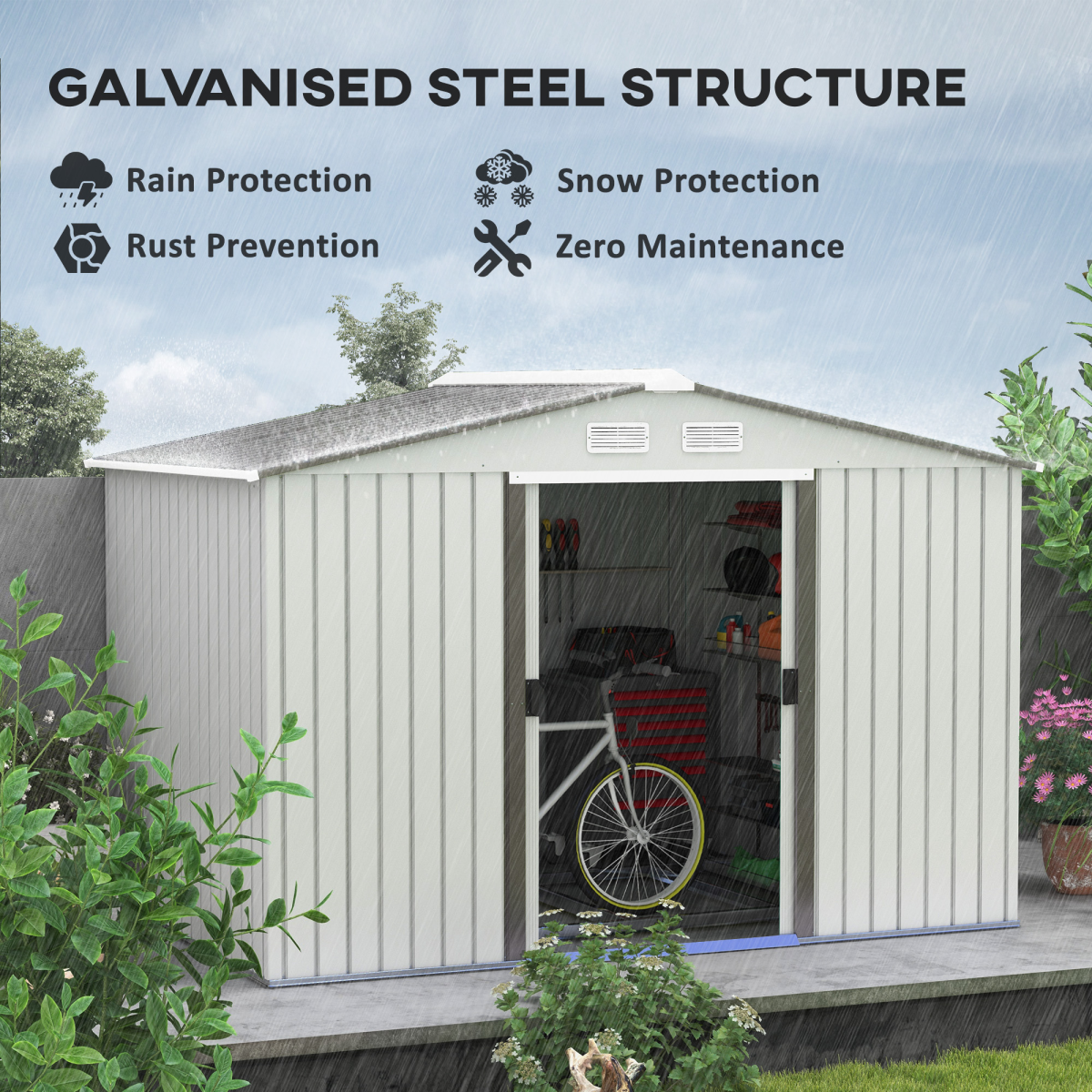 Premium Large Garden Shed Storage with Sliding Doors - Metal Roof, Silver