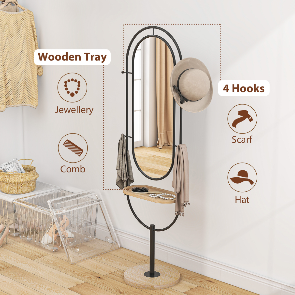 Elegant Freestanding Full Length Mirror with Tray & Hooks - Black