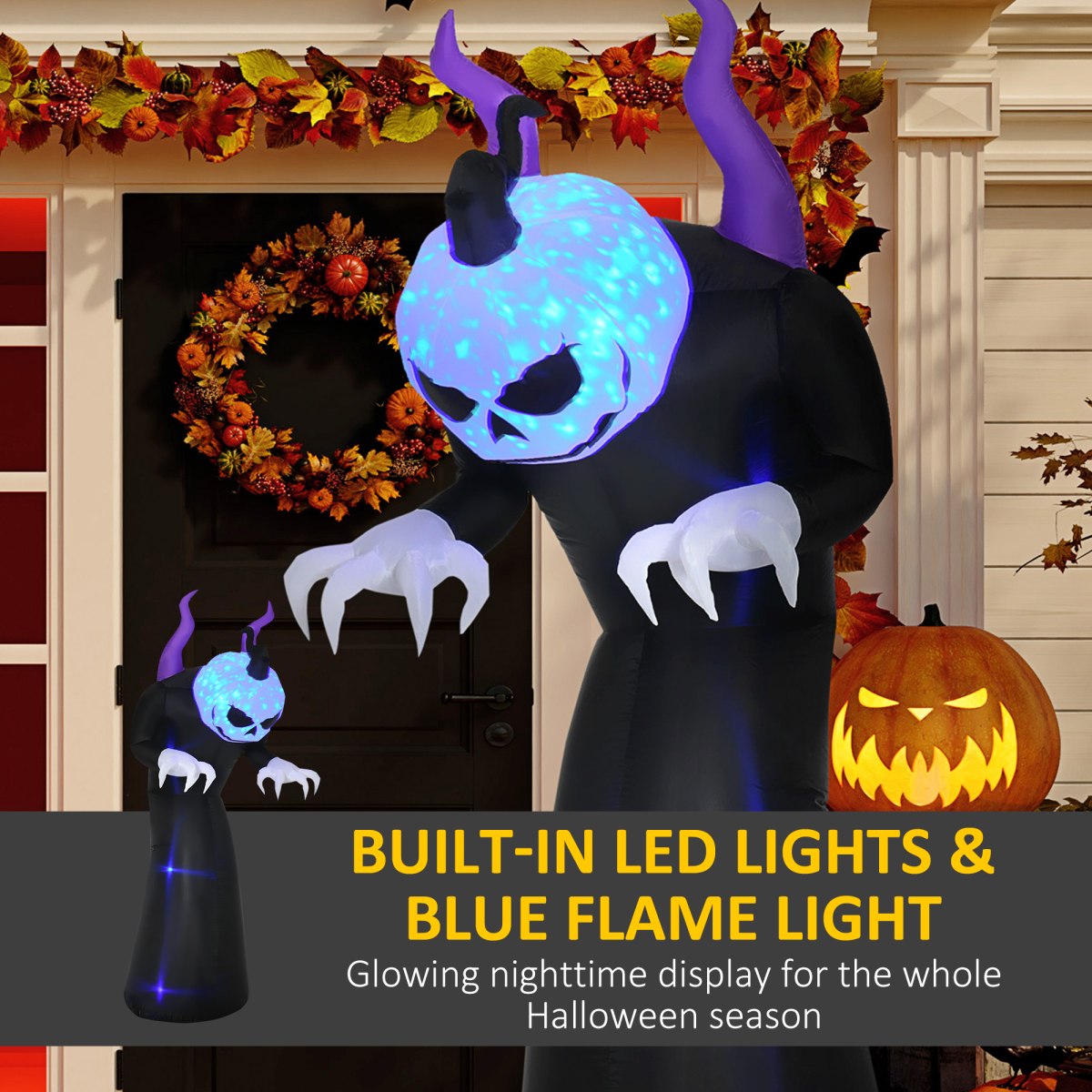 7ft Inflatable Halloween Ghost Horns with LED Flame Effect - Outdoor