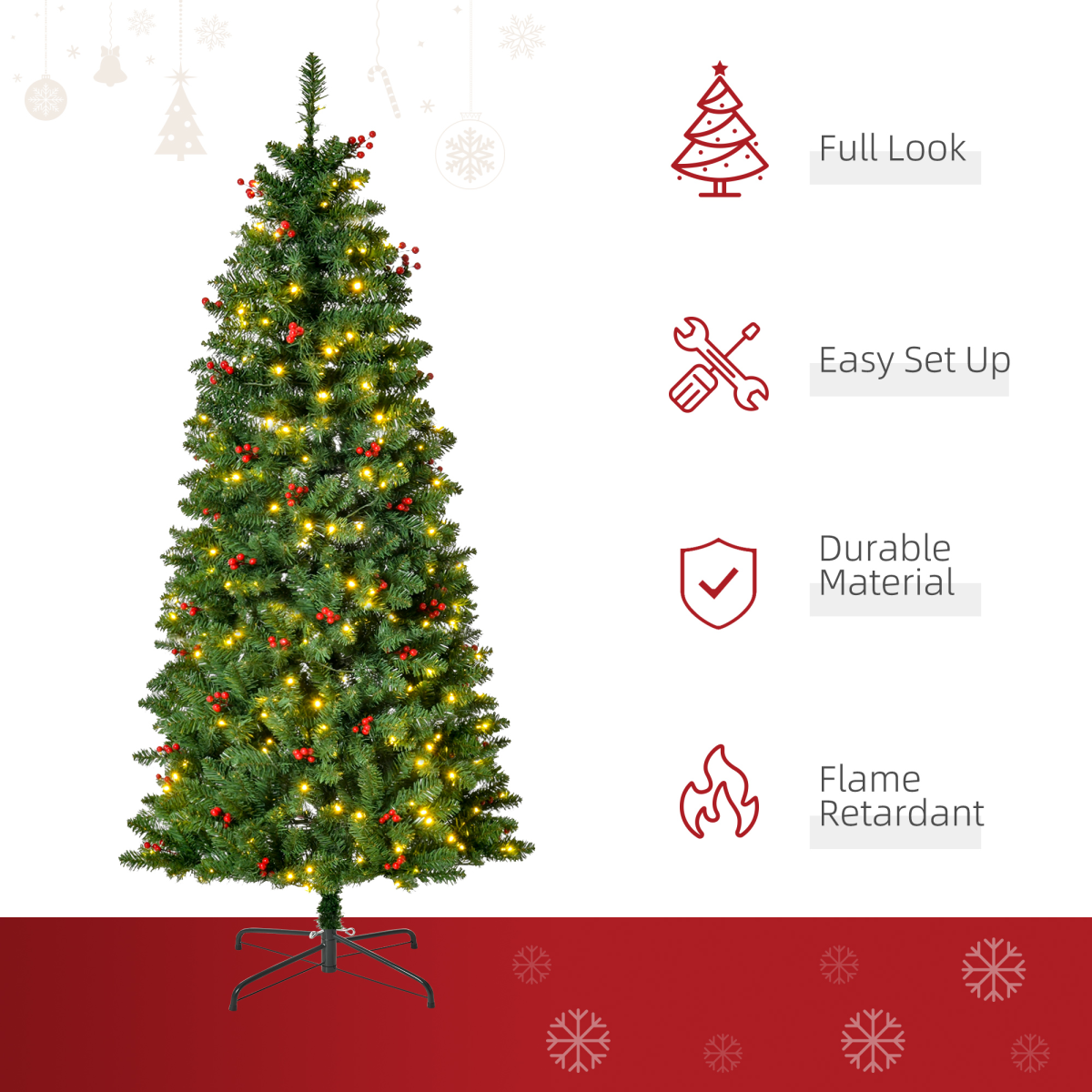 5ft Prelit Pencil Christmas Tree with Warm White LEDs & Red Berry