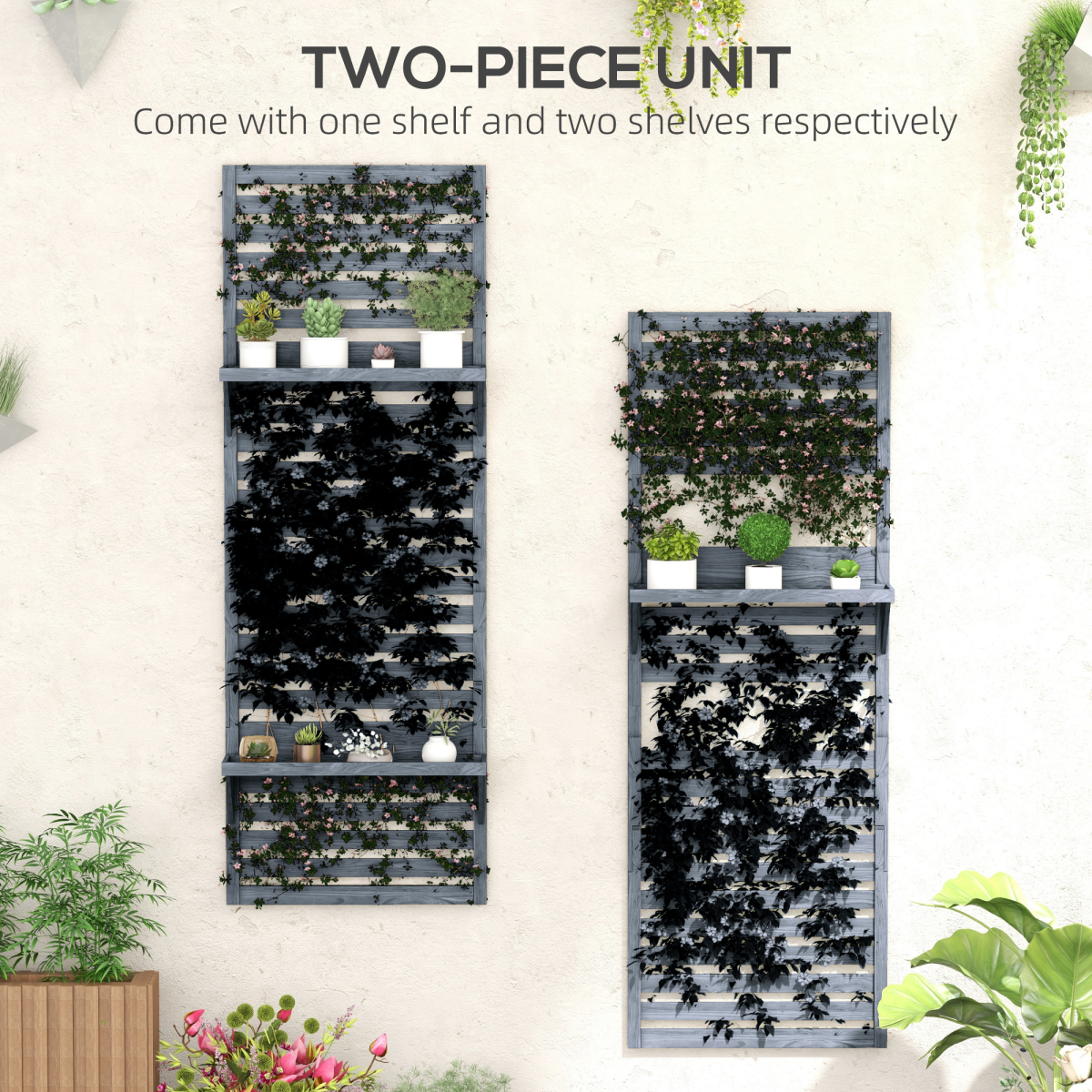 Grey Wall-Mounted Plant Stands (Set of 2) with Shelves & Slatted Trellis