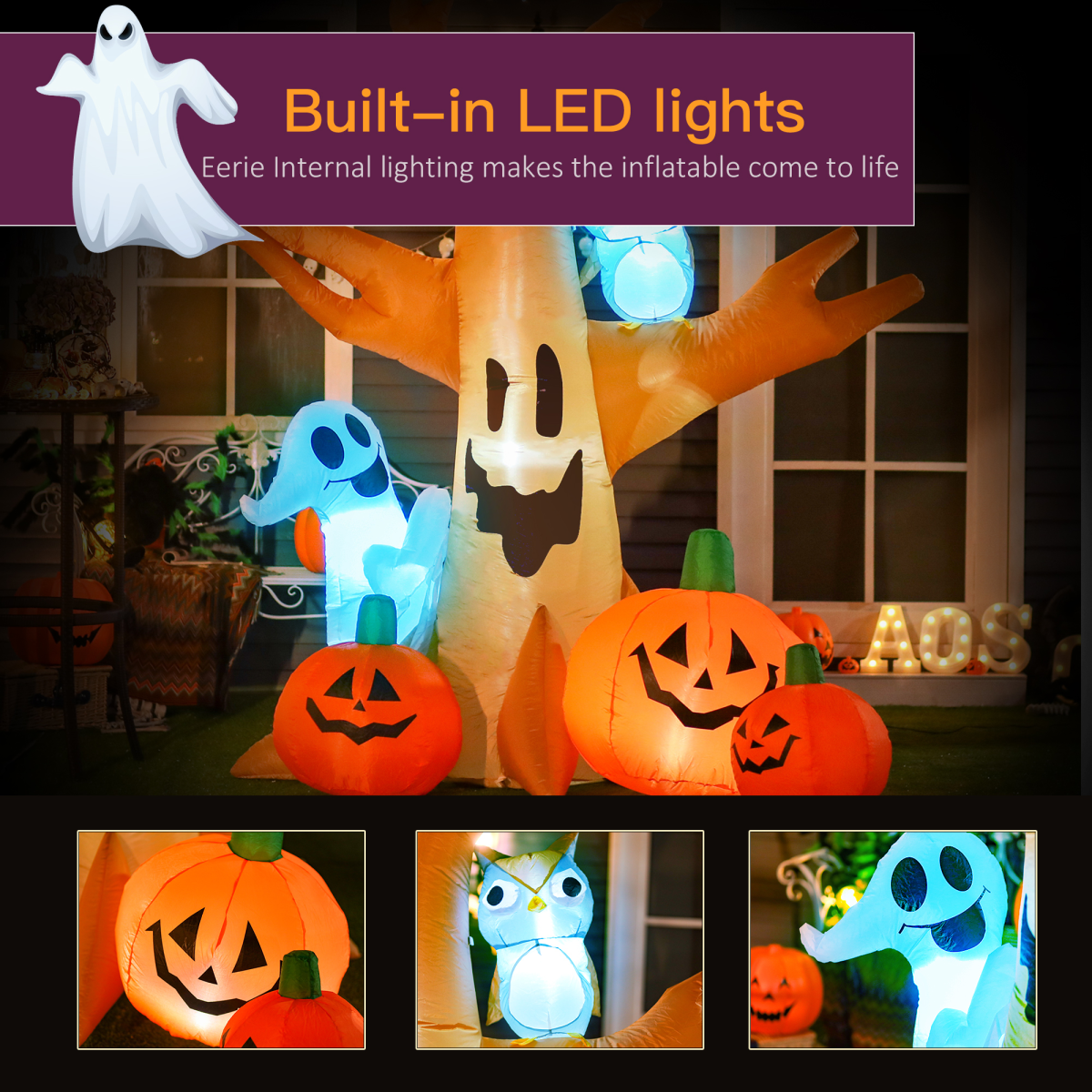 240cm Halloween Inflatable: Scary Tree with Ghost, 3 Pumpkins, Owl & 4 LEDs