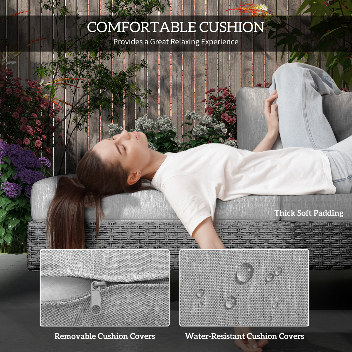 3-Piece Rattan Sofa Set with Tea Table & Cushions, Light Grey