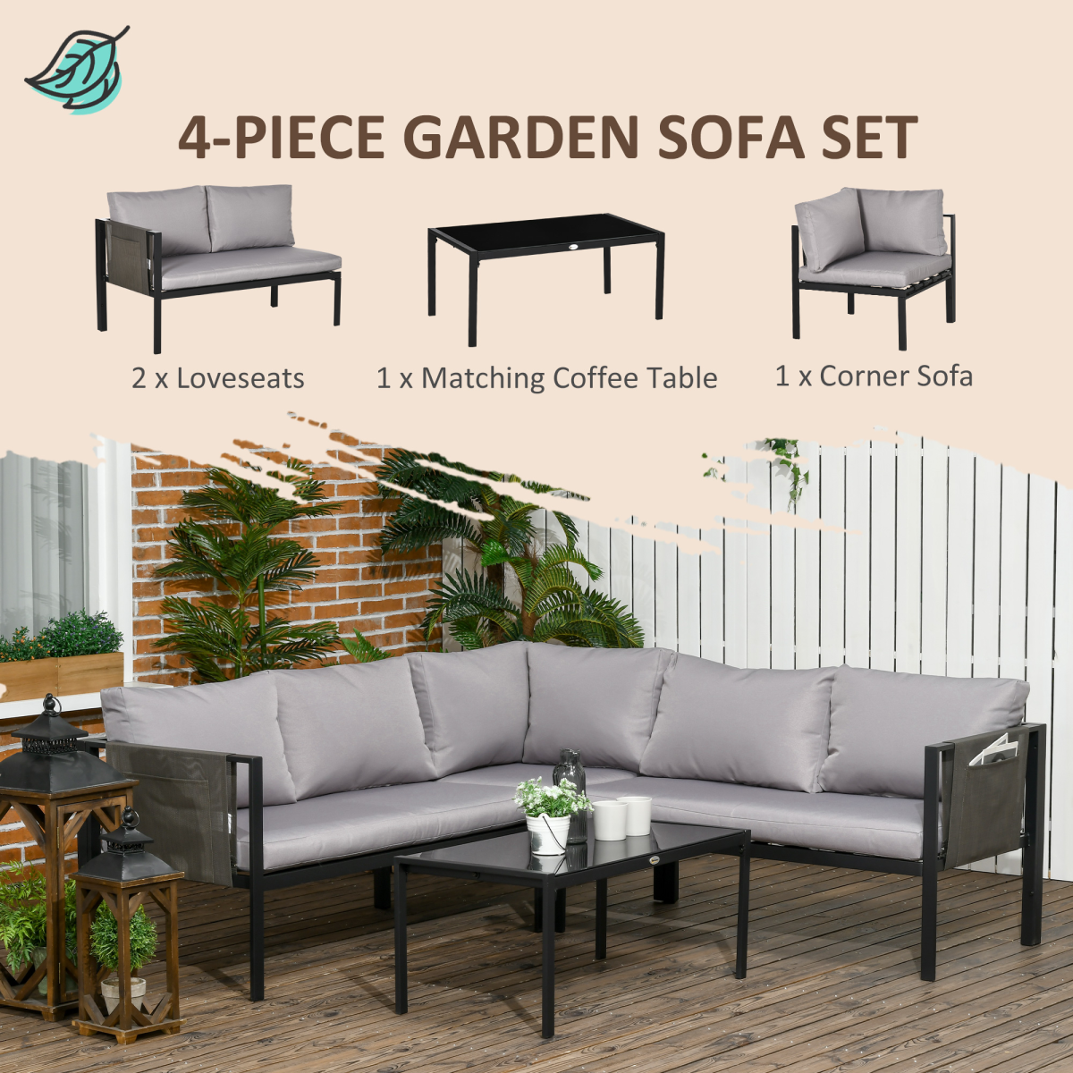 4-Piece Modular Garden Set: Corner or Linear Layout, Light Grey