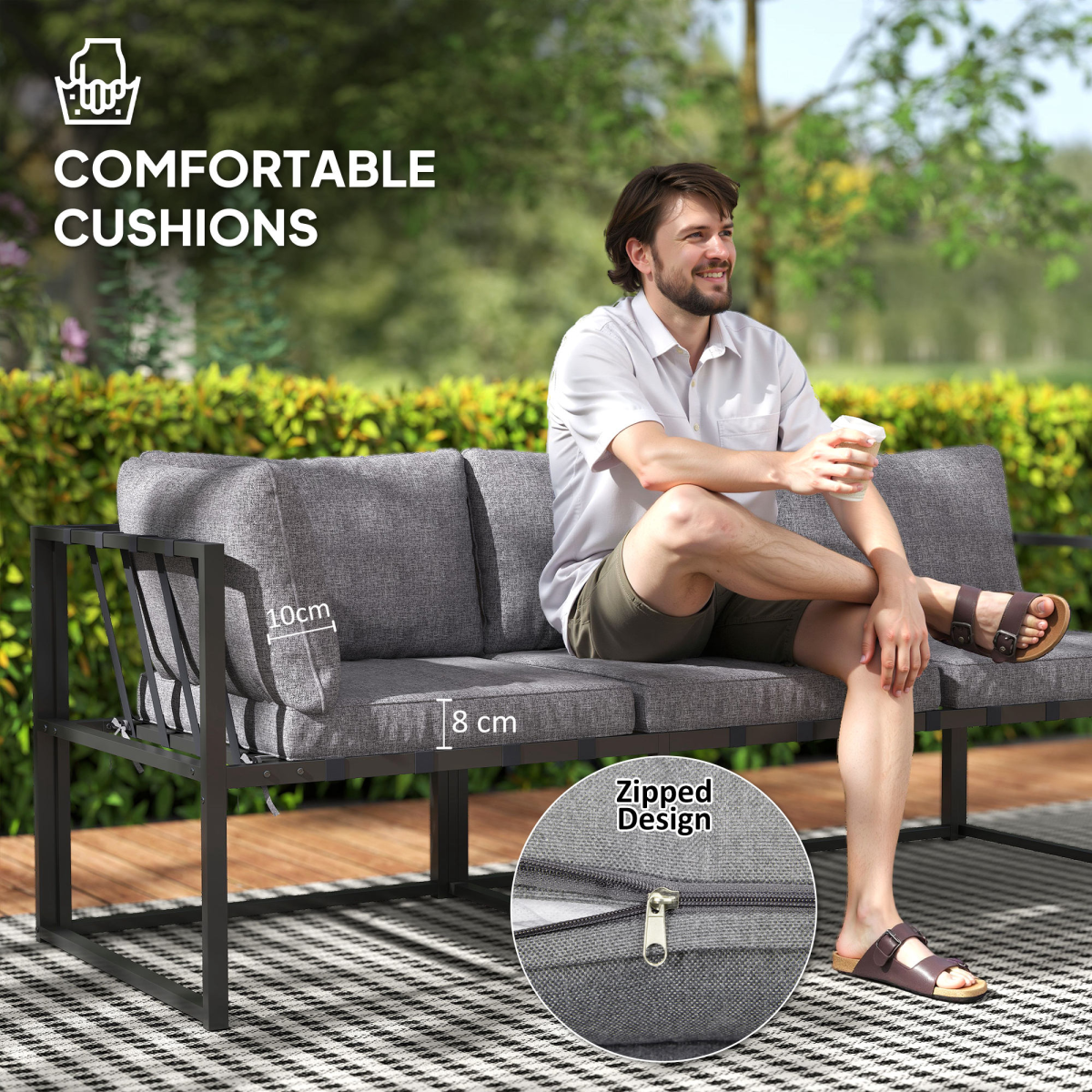 Grey 3-Piece L-Shaped Garden Furniture Set with Cushions & Glass Table