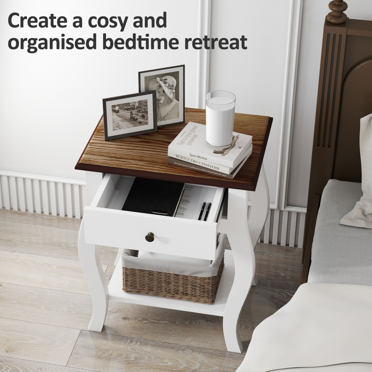 Elegant Bedside Tables Set of 2 - White with Drawer & Shelf