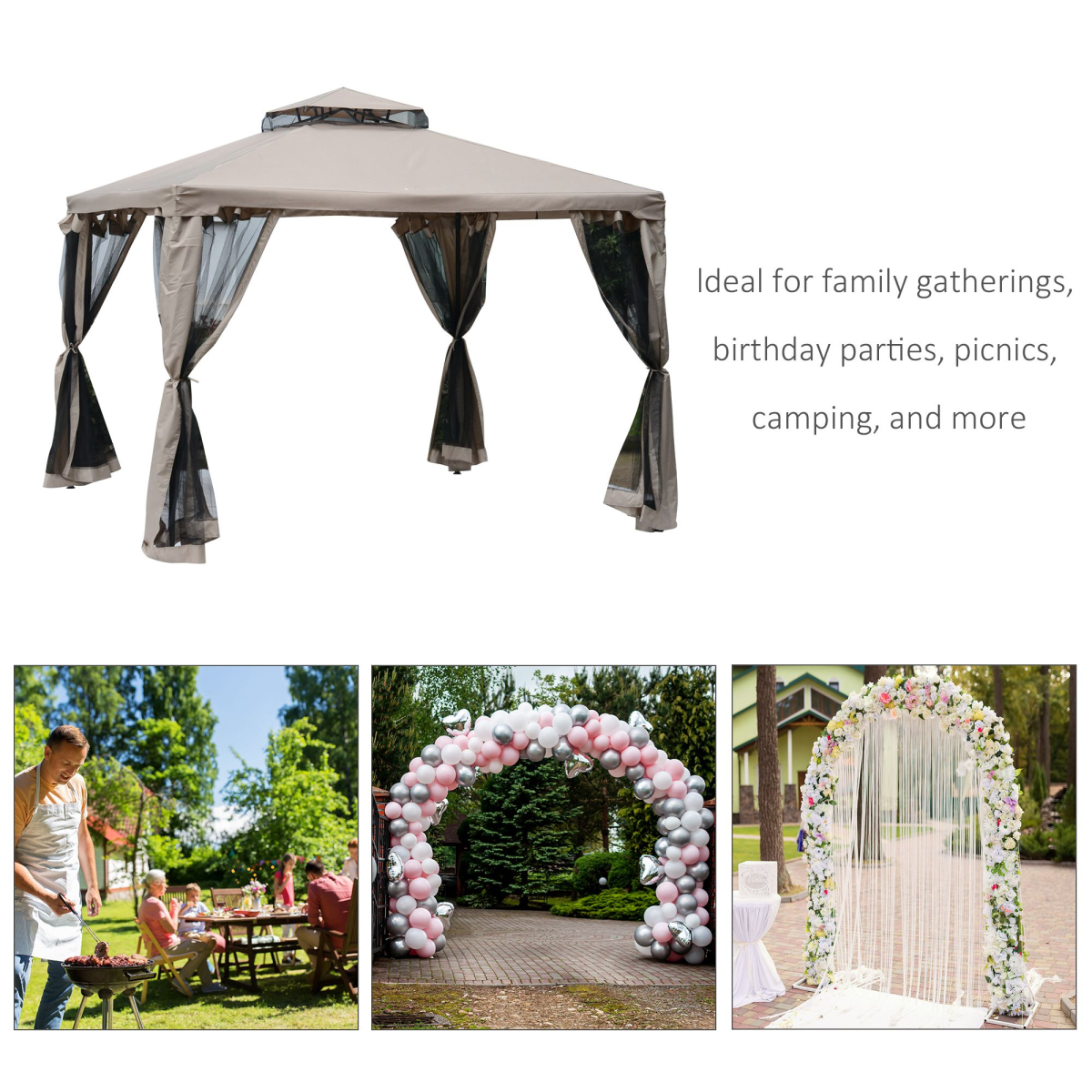 2-Tier Gazebo with Netting, 295x295x263 cm, Taupe