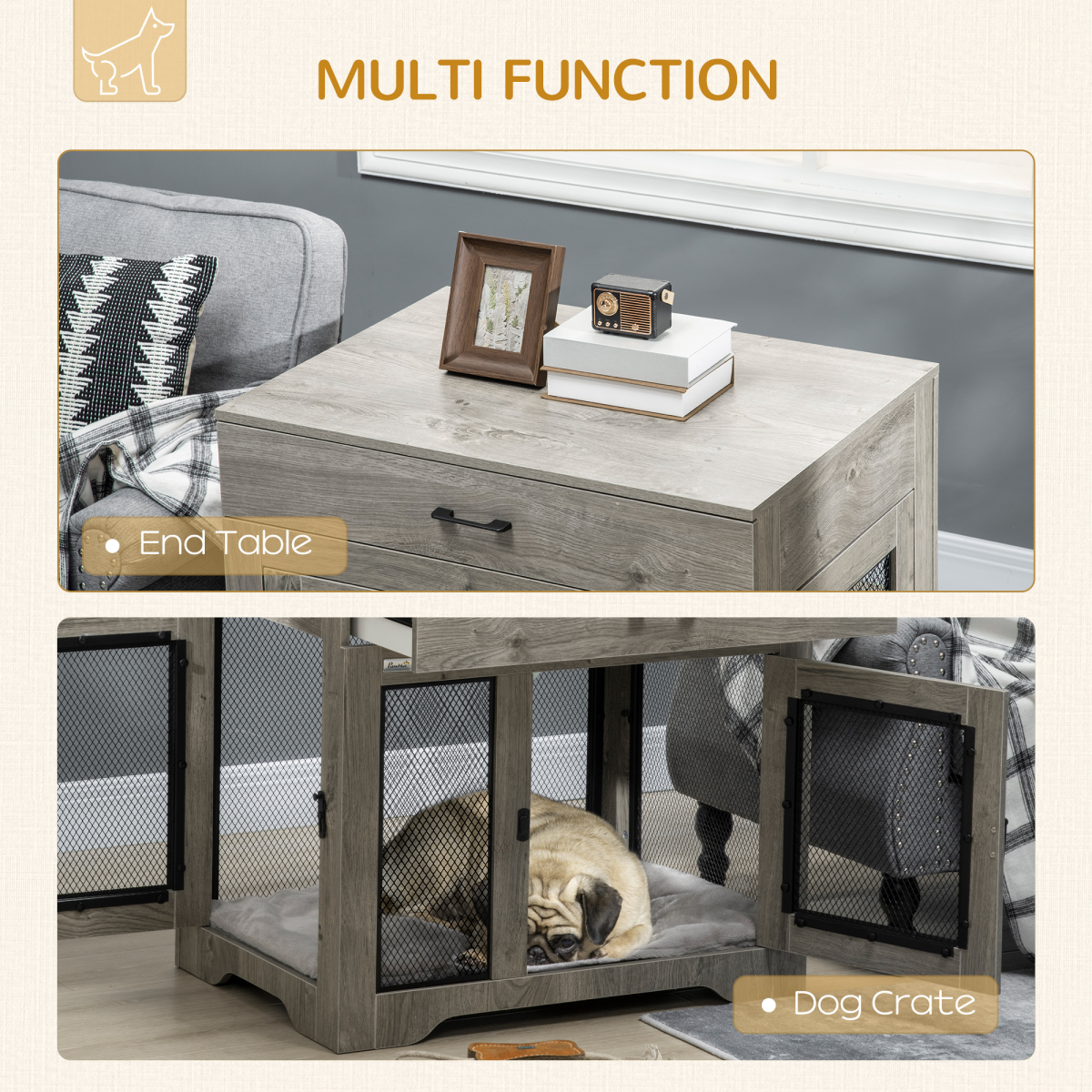 Double-Door Dog Kennel Furniture Crate for Medium Dogs - Indoor Grey