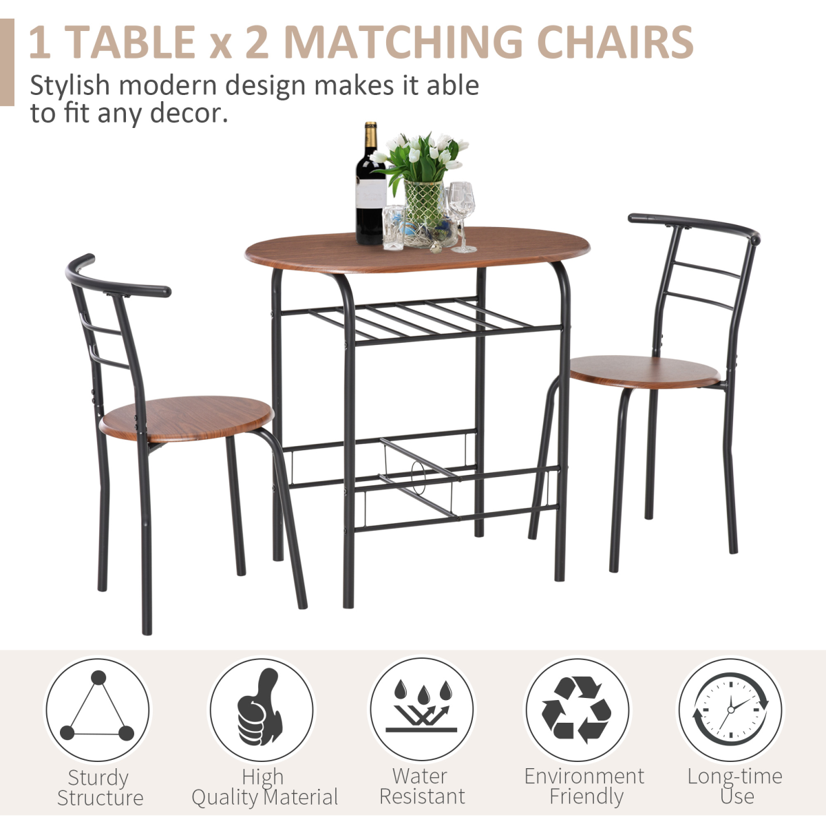 MDF 2-Seater Bar Table Set with Bottle Storage, Oak Wood Tone