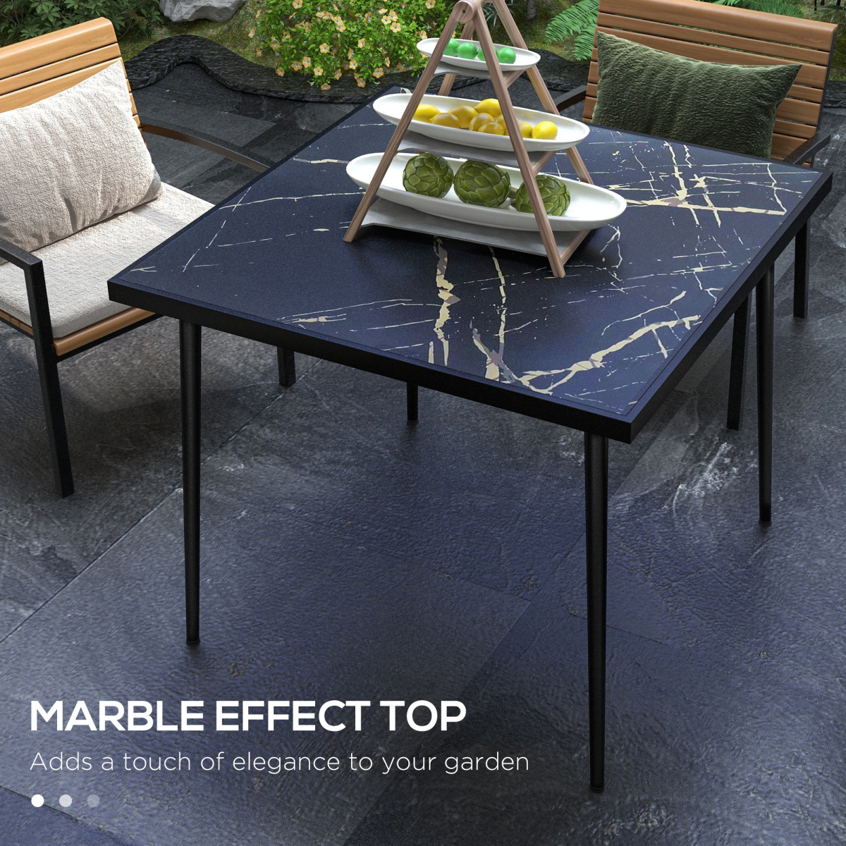4-Person Outdoor Dining Table with Marble-Effect Tempered Glass, Black