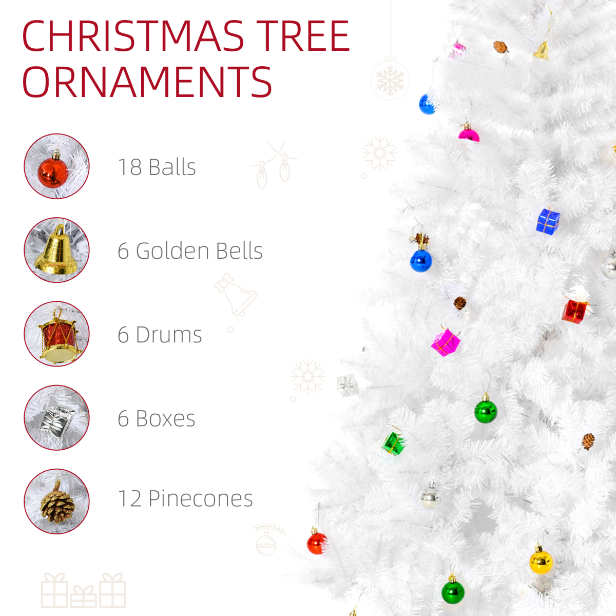 6ft Snowy Artificial Christmas Tree with Metal Stand and Colorful Ornaments