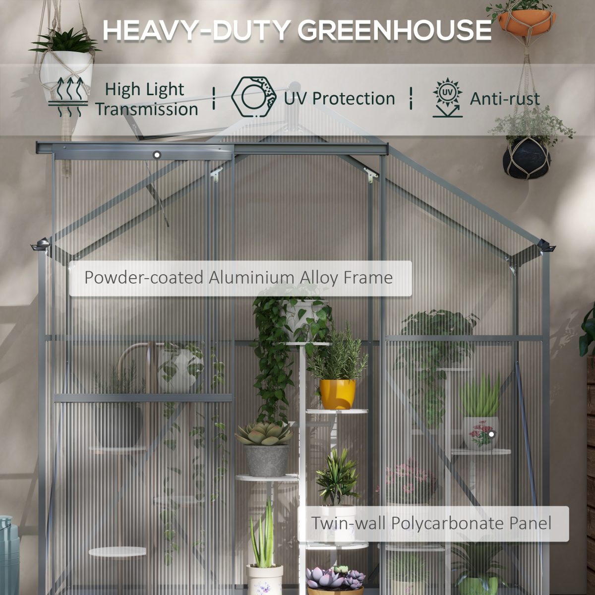 6x2.5ft Polycarbonate Greenhouse - Aluminium Frame, Dark Grey