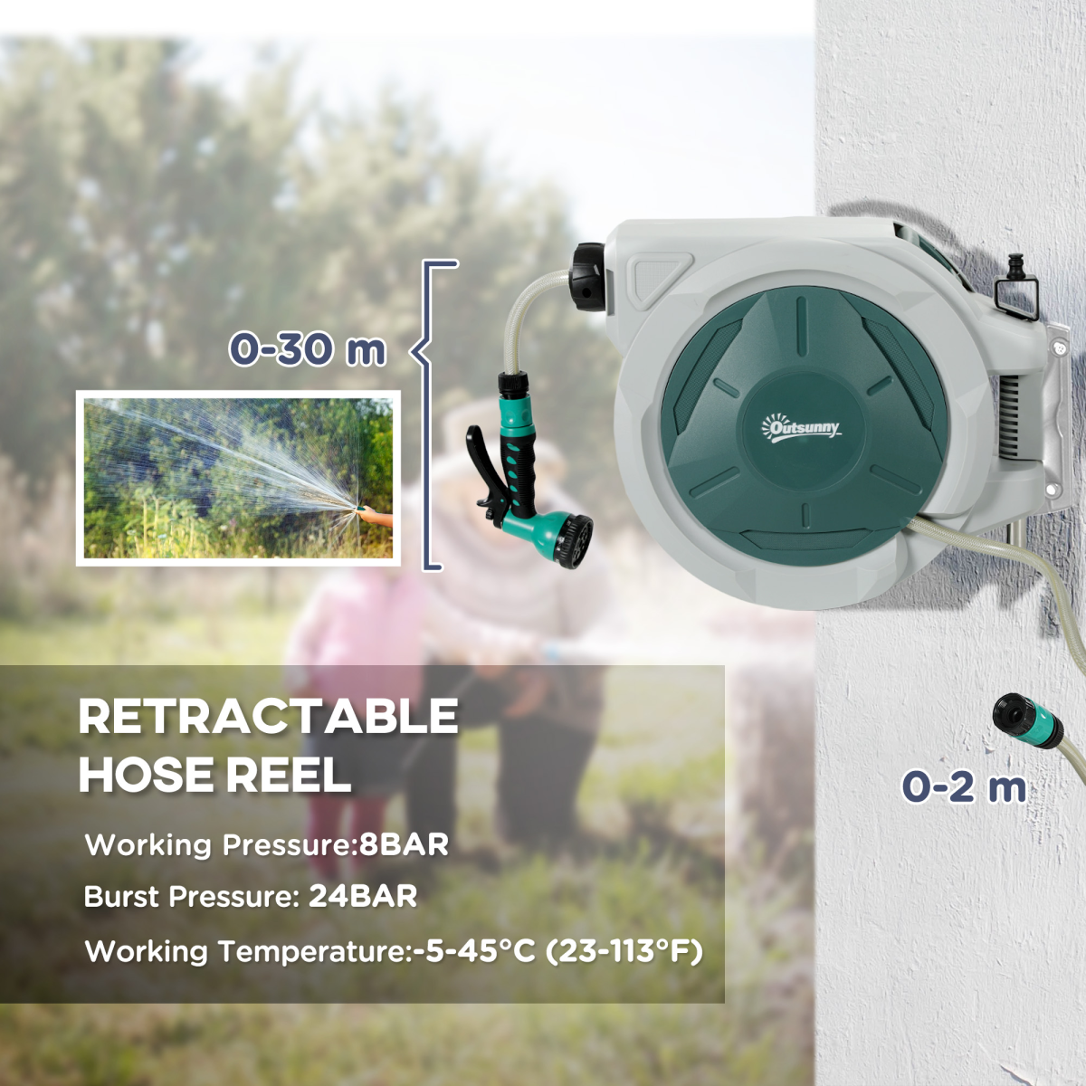 30m Retractable Wall-Mounted Hose Reel with Lock, Grey