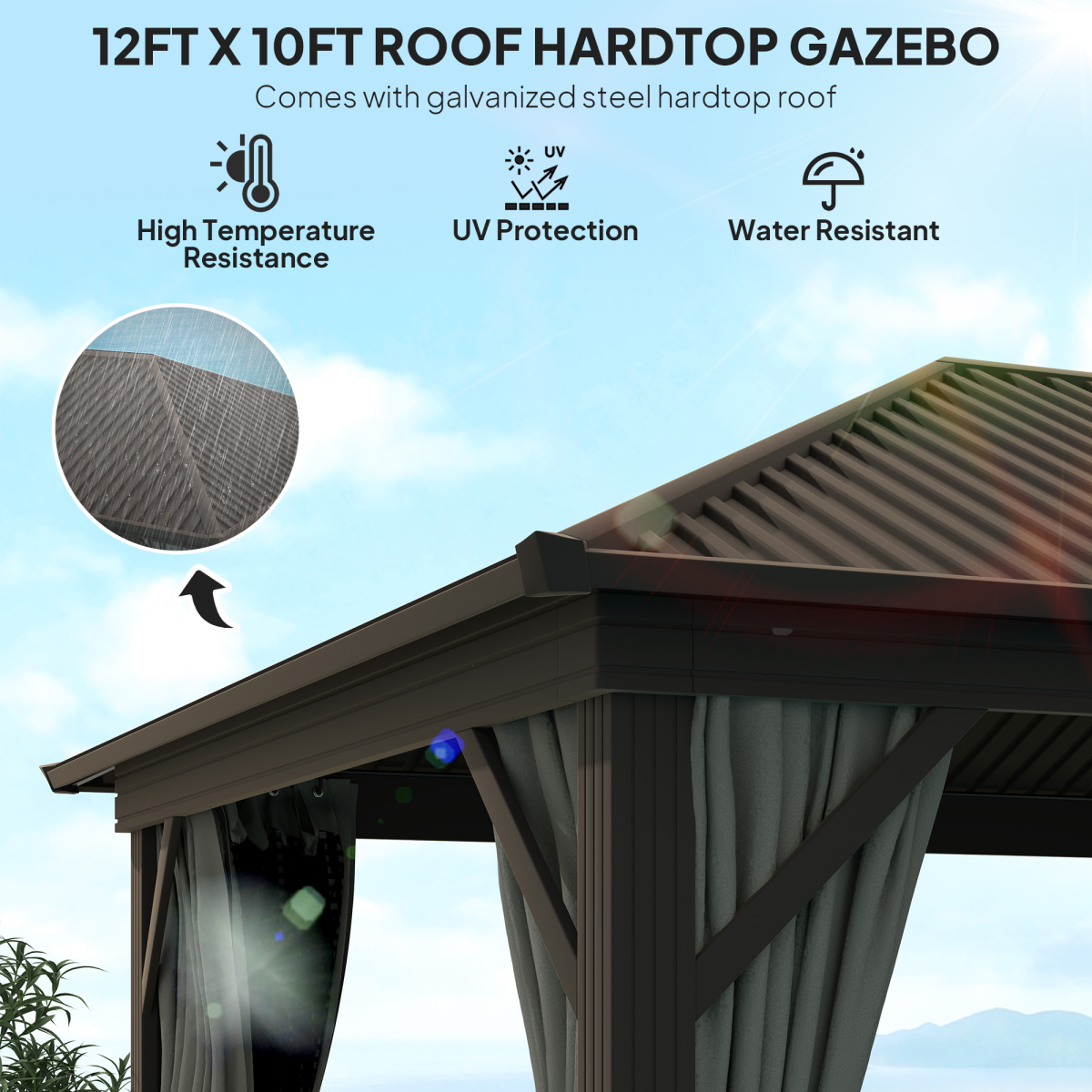 3.6x3m Metal Gazebo with Hardtop & Screened Curtains, Dark Grey