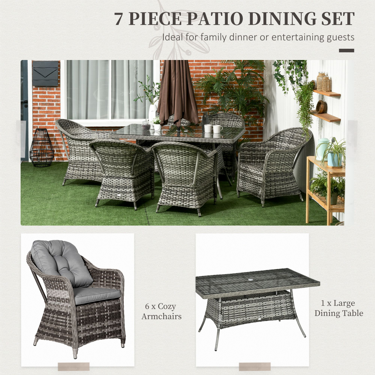 7-Piece Rattan Outdoor Dining Set with Tempered Glass Table & Umbrella