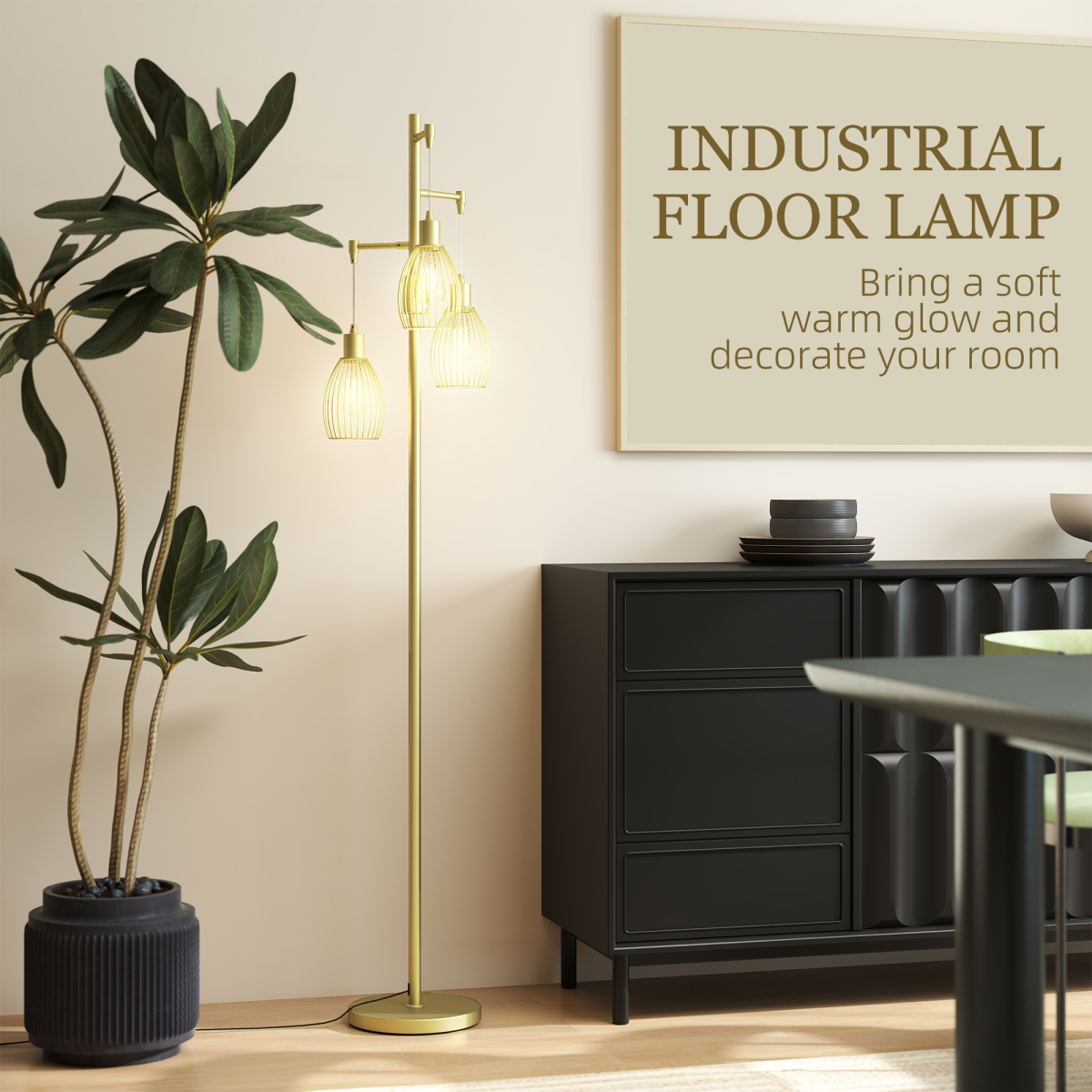 Industrial Chic: 3-Light Dimmable Floor Lamp in Elegant Gold Finish