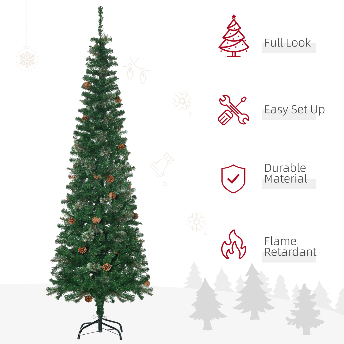 6.5ft Slim Artificial Christmas Tree with Pine Cones - Space-Saving Decor