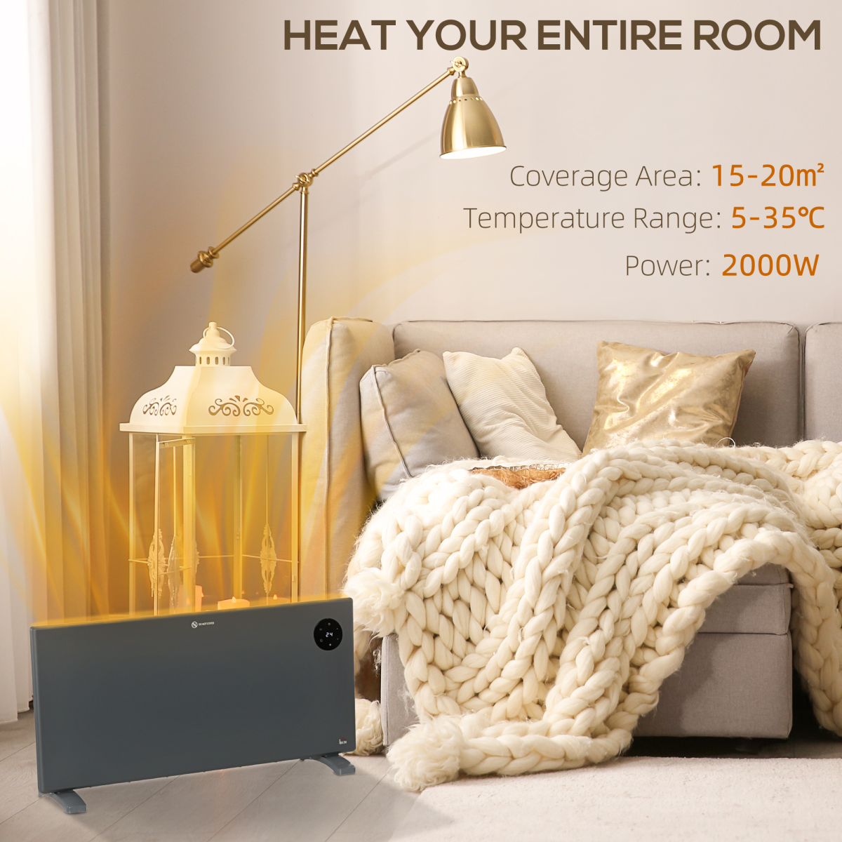2000W Silent Convector Heater: Stylish, LED Control & Remote
