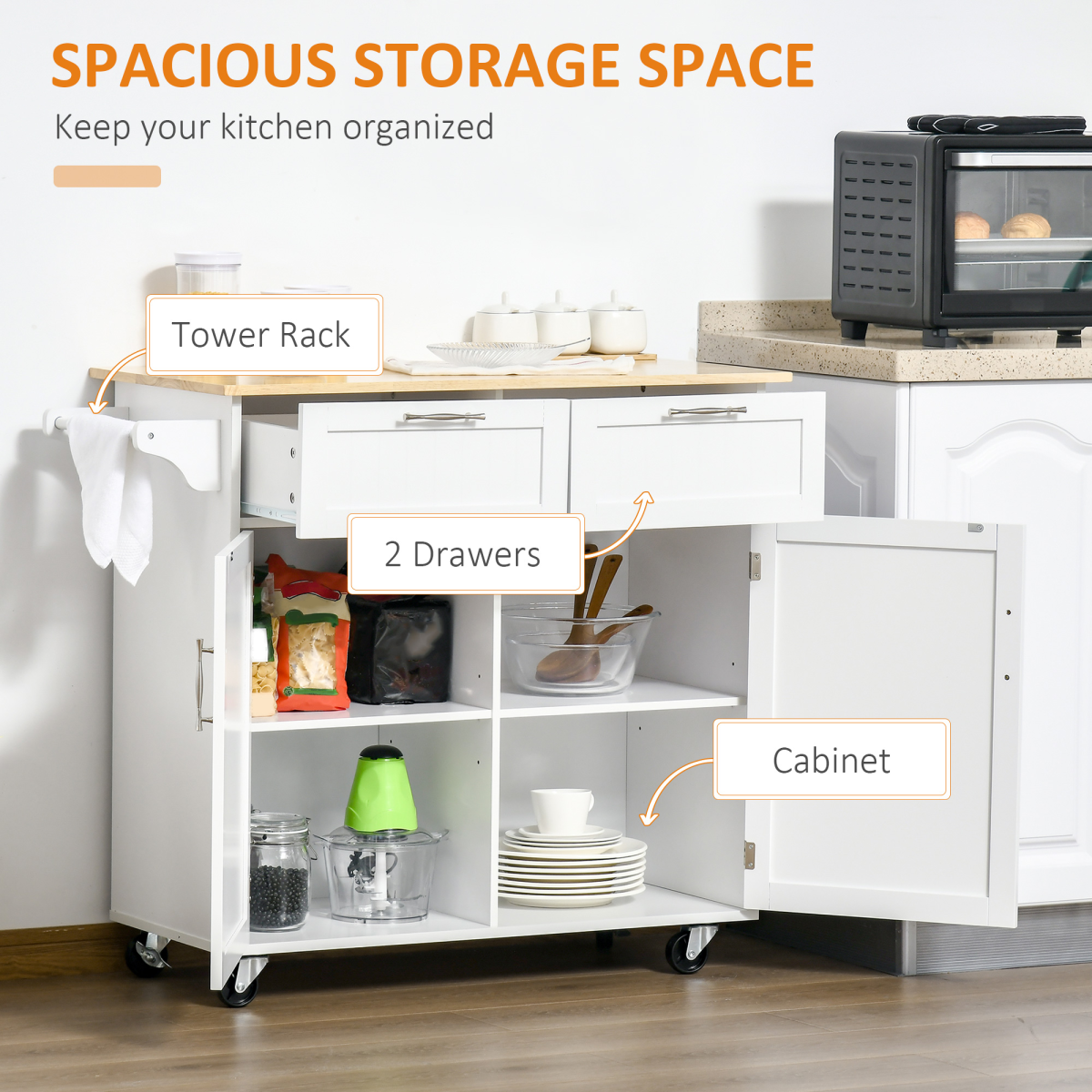 Versatile White Rolling Kitchen Cart with Adjustable Shelves & Spacious Storage