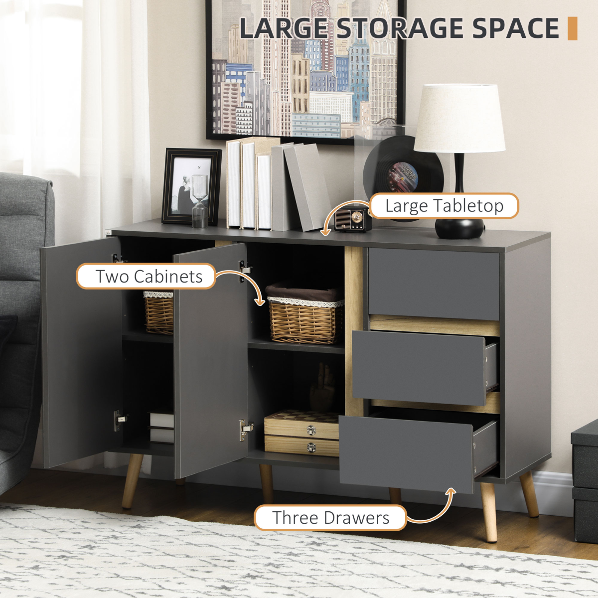 Stylish Dark Grey Sideboard with Adjustable Shelves & Double Doors