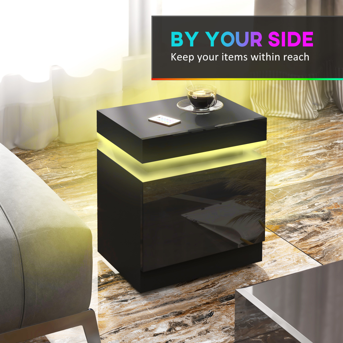 Illuminate Your Space: LED Bedside Table with 2 Drawers in Black