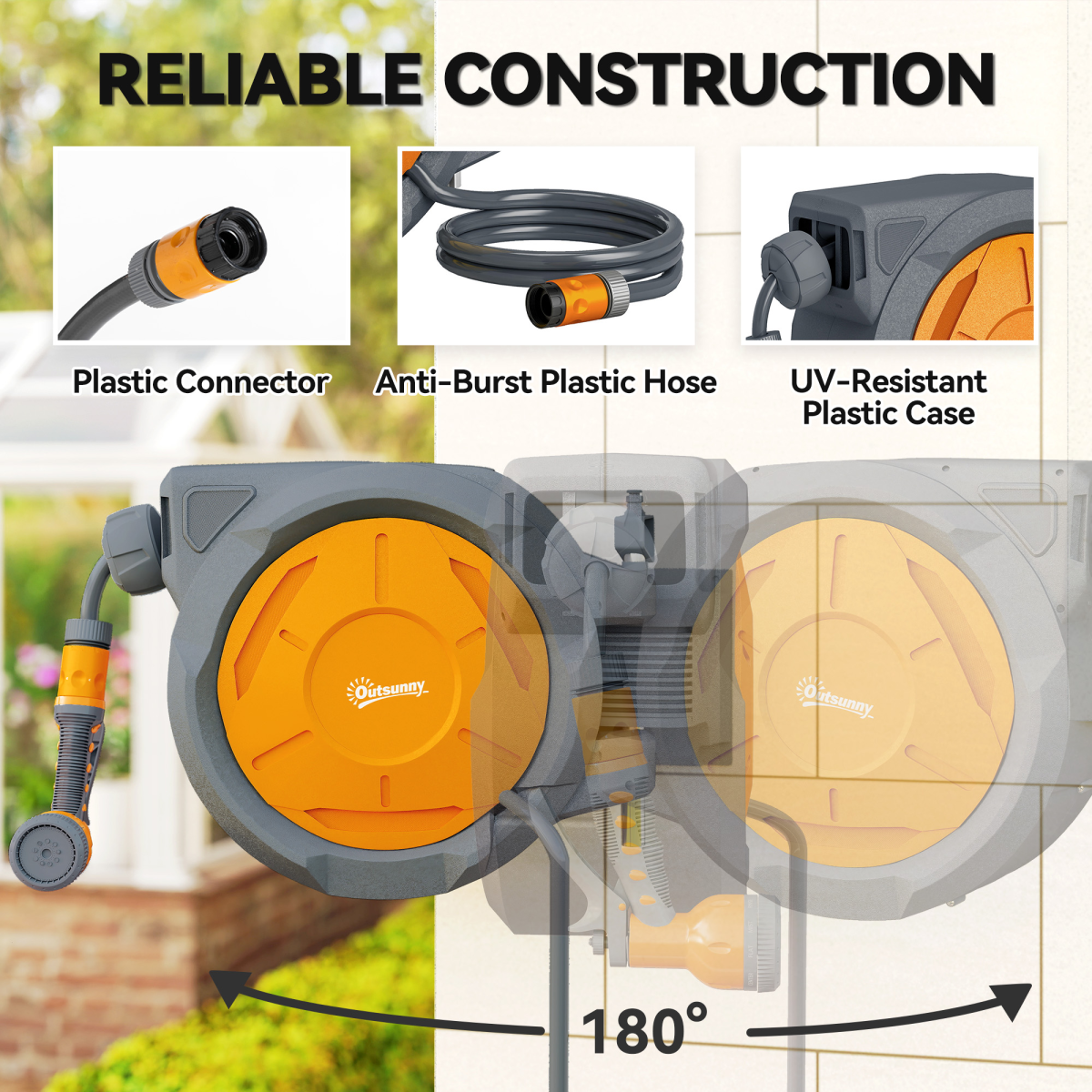 30m Retractable Hose Reel with Wall Mount & Lock, Orange