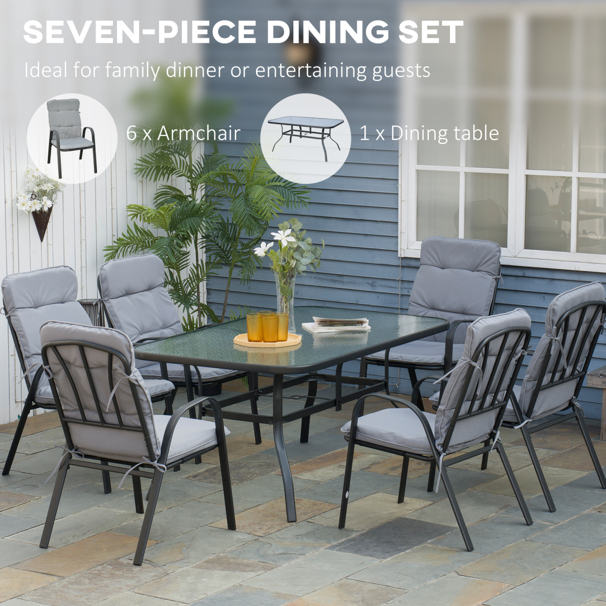 7-Piece Garden Dining Set with Glass Table, Umbrella Hole & Cushions - Black