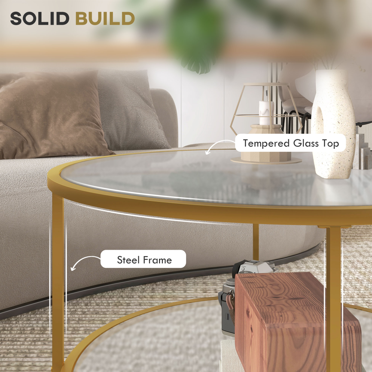 Elegant Gold Round Coffee Table with Storage Shelf & Sleek Glass Top