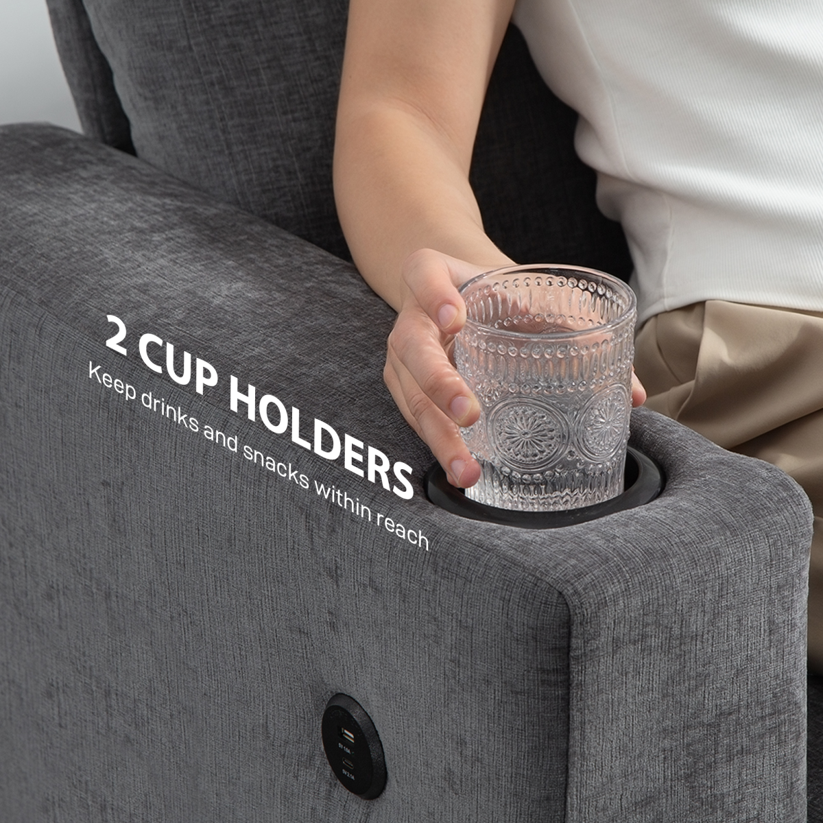 3-Seater Sofa with USB Ports & Cup Holders - Cozy Grey Fabric Design
