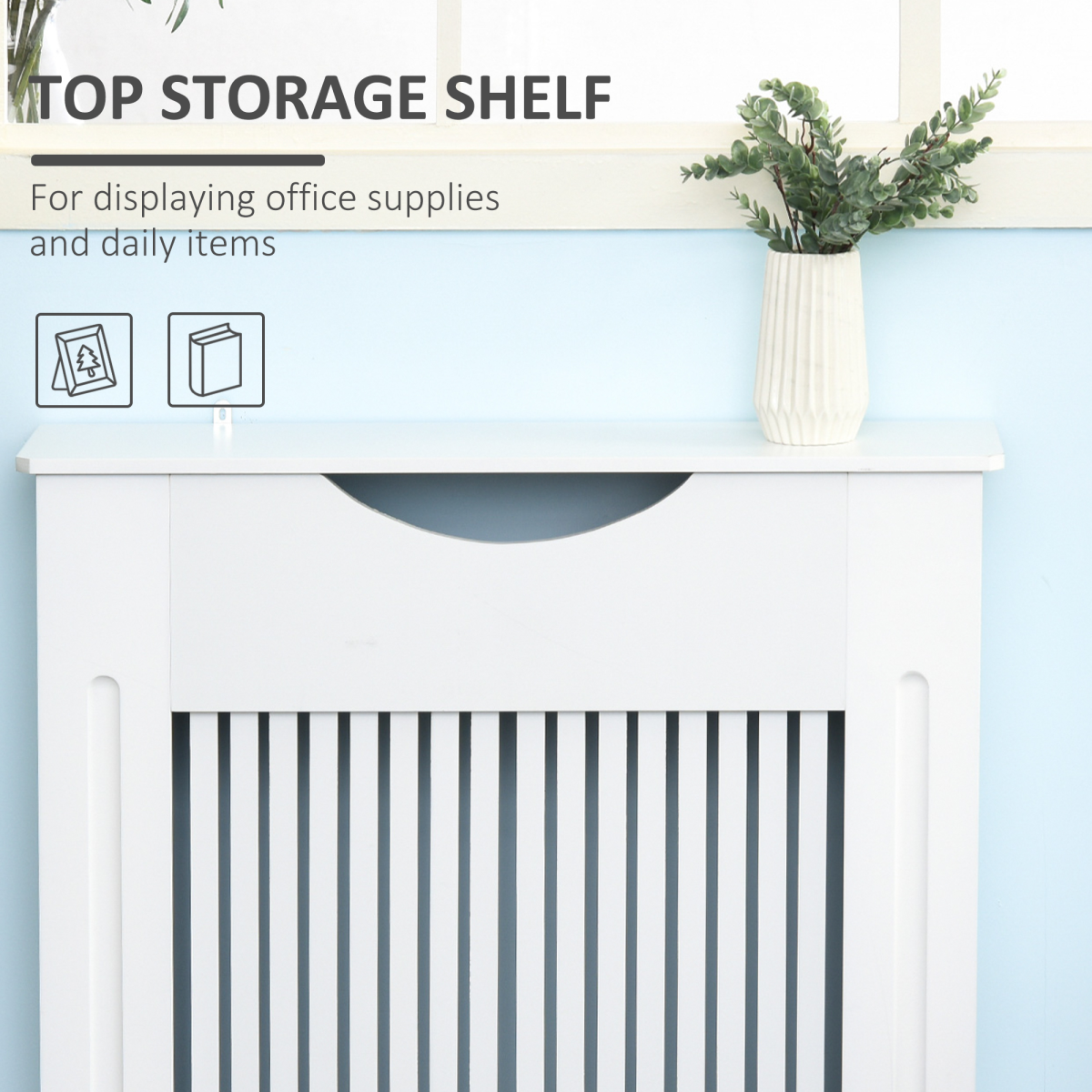 Elegant White Radiator Cover with Slatted Design & Stylish Worktop