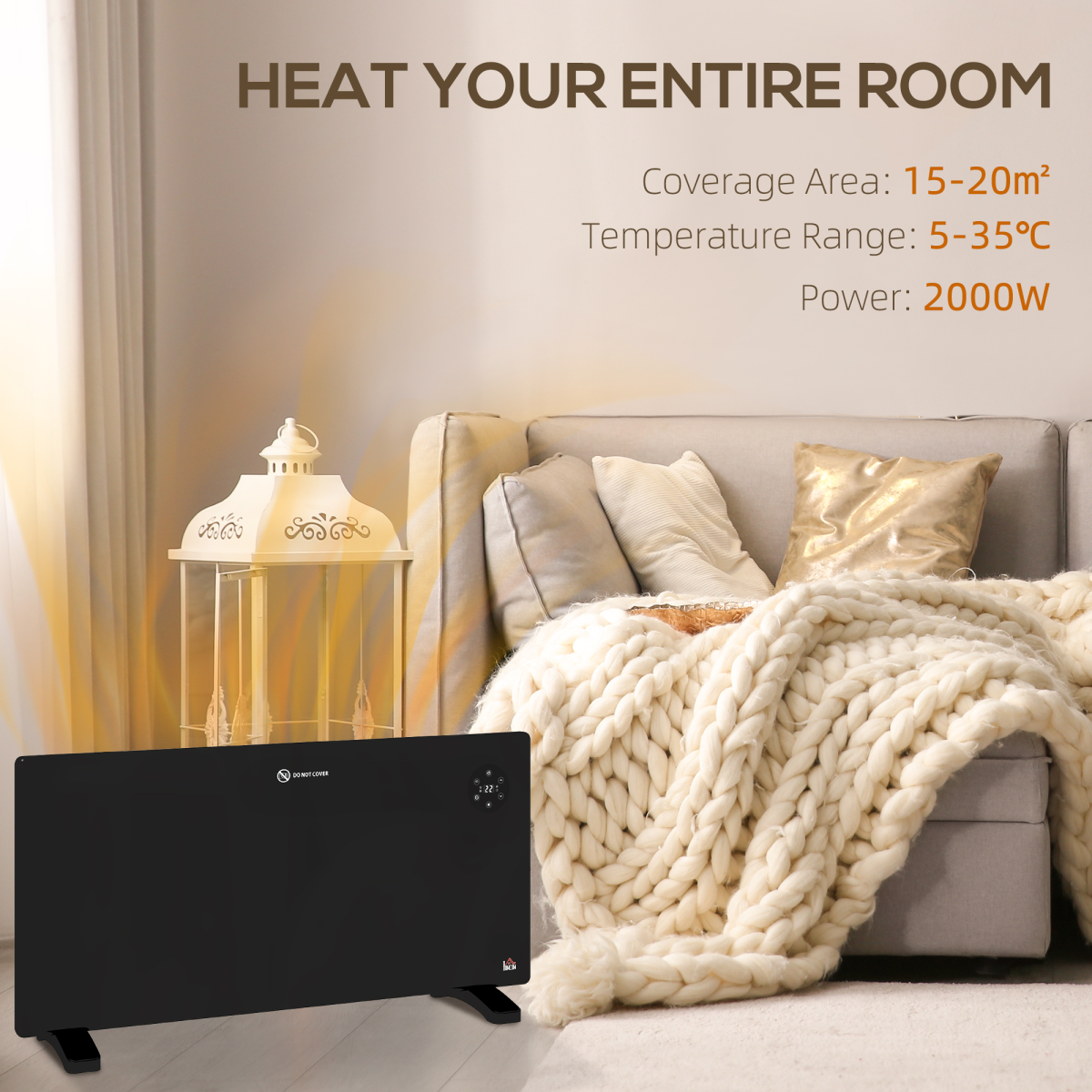 2000W Slim Convector Heater: Quiet, LED Display, Wall-Mountable