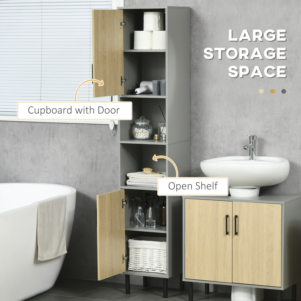Kleankin Slim Tall Bathroom Cabinet - 2 Cupboards, 2 Shelves, Anti-Tip