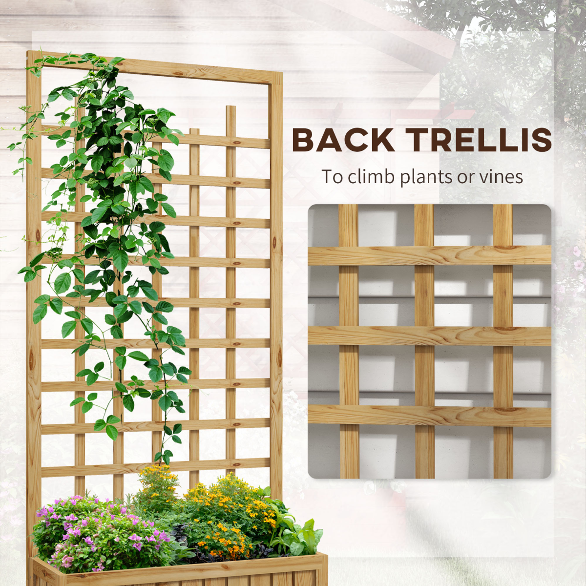 Wooden Trellis Planter on Wheels - Mobile Raised Bed with Liner