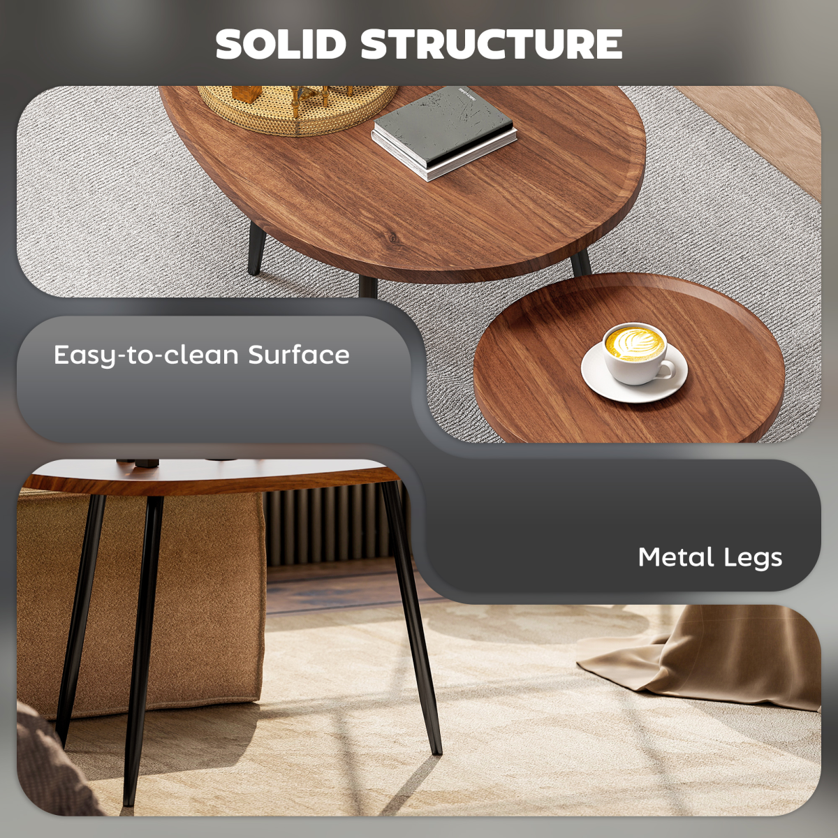 Modern Nesting Tables Set - Chic 2-Piece Side Table with Metal Legs