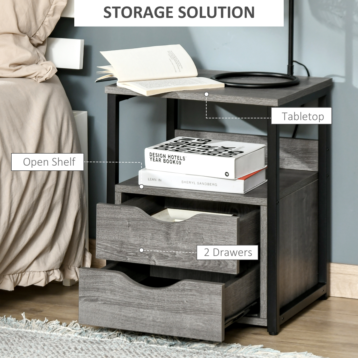 Stylish Industrial End Table with Storage - Grey Slim Design